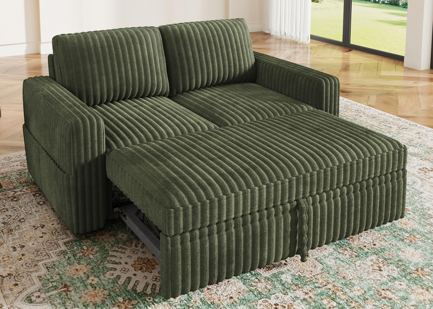 HONBAY Modular Pull Out Sofa Bed,Corduroy Loveseat, Couches for Living Room,Green