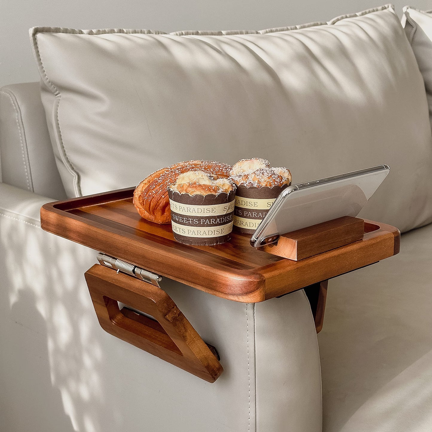 Tinamo Acacia Wood Sofa Armrest Tray with Phone Holder - Large Sofa Arm Tray Table Clip - Couch Arm Table for Wide Couches - Wooden Side Tables for Small Spaces for Eating and Drink(13.8" x 9.5" x 1")