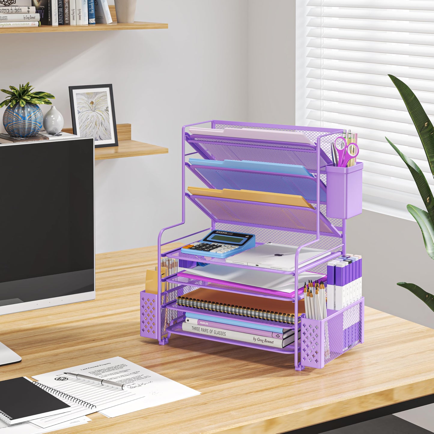 Simple Trending 7 Tier Desk File Organizer, Letter Tray Paper Organizer with Pen Holder and Metal Hanging Basket, Purple