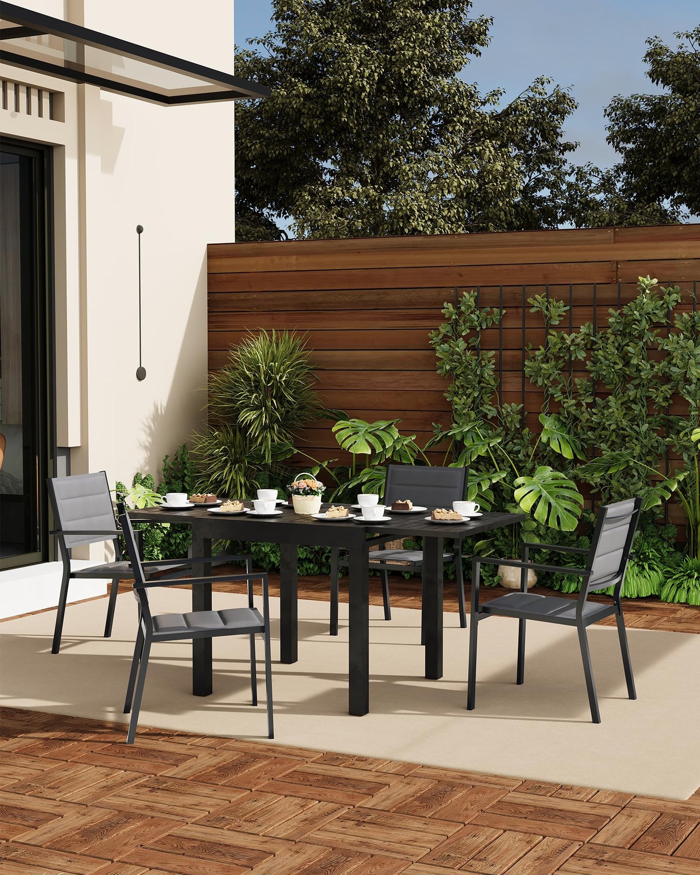 4 Piece Aluminum Patio Stackable Dining Chairs Set, Outdoor Metal Lightweight Stacking Dining Chair with Textilene Fabric, for Backyard Lawn Deck Poolside Porch Bistro, Dark Grey