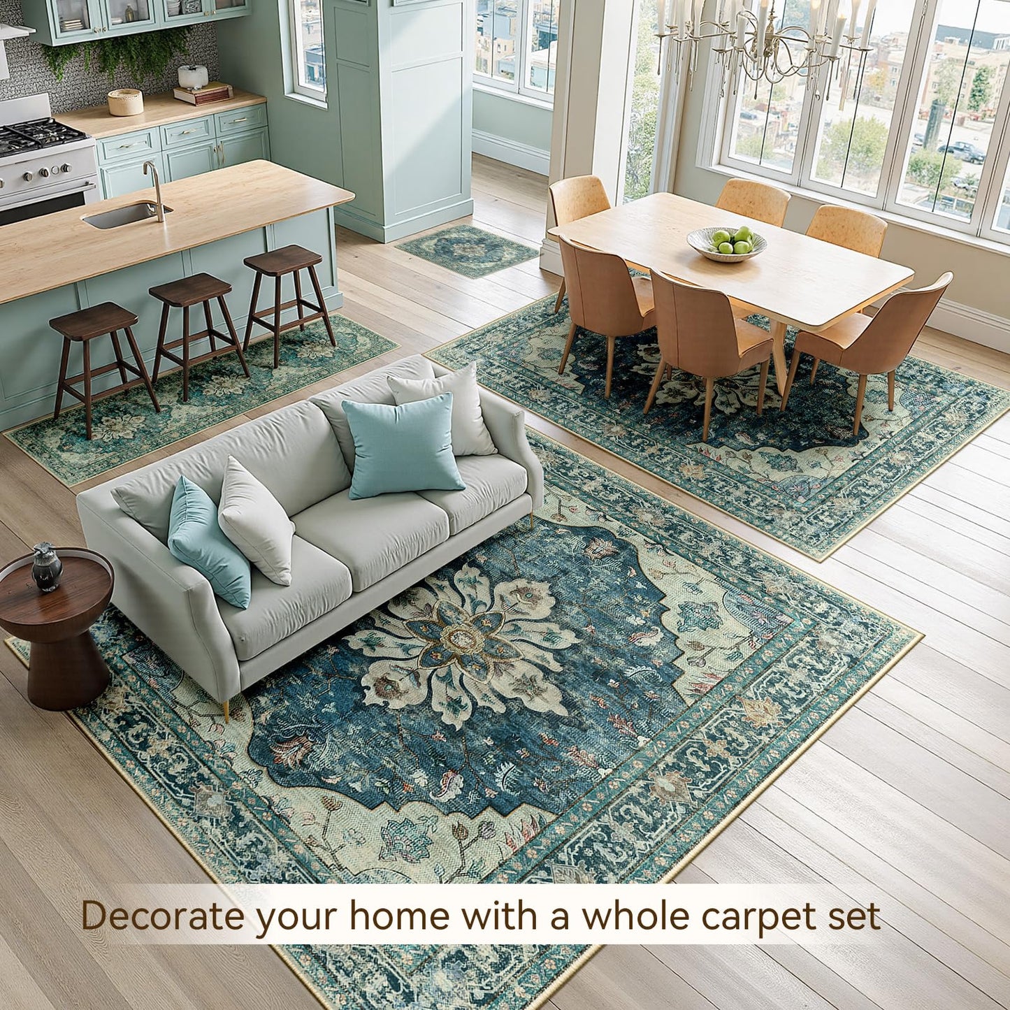 RELEANY Area Rugs 8'x10' Washable Non-Slip, Floral Vintage Distress Medallion Carpet for Living Room Bedroom Dining Room, Dark Blue Vintage