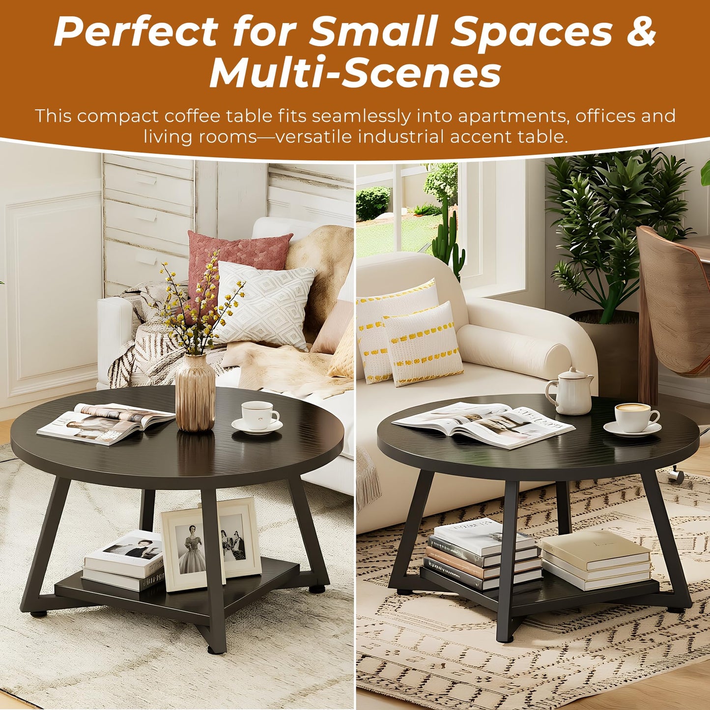 Round Coffee Table for Living Room, 27.6“ Circle Coffee Table, 2-Tier Industrial Coffee Tables with Storage, Wood Coffee Table, Modern Accent Table for Apartment, Office, Small Space, Black