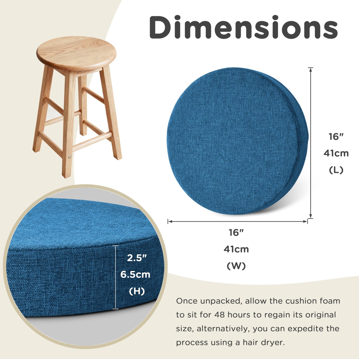 AddGrace 2.5" Thick Non Slip Round Chair Pad Set of 2, 16" Round Chair Cushion with Machine-Washable Cover and Long Zipper, Seat Cushions for Kitchen, Office, Floor and 16" Ottoman, Blue