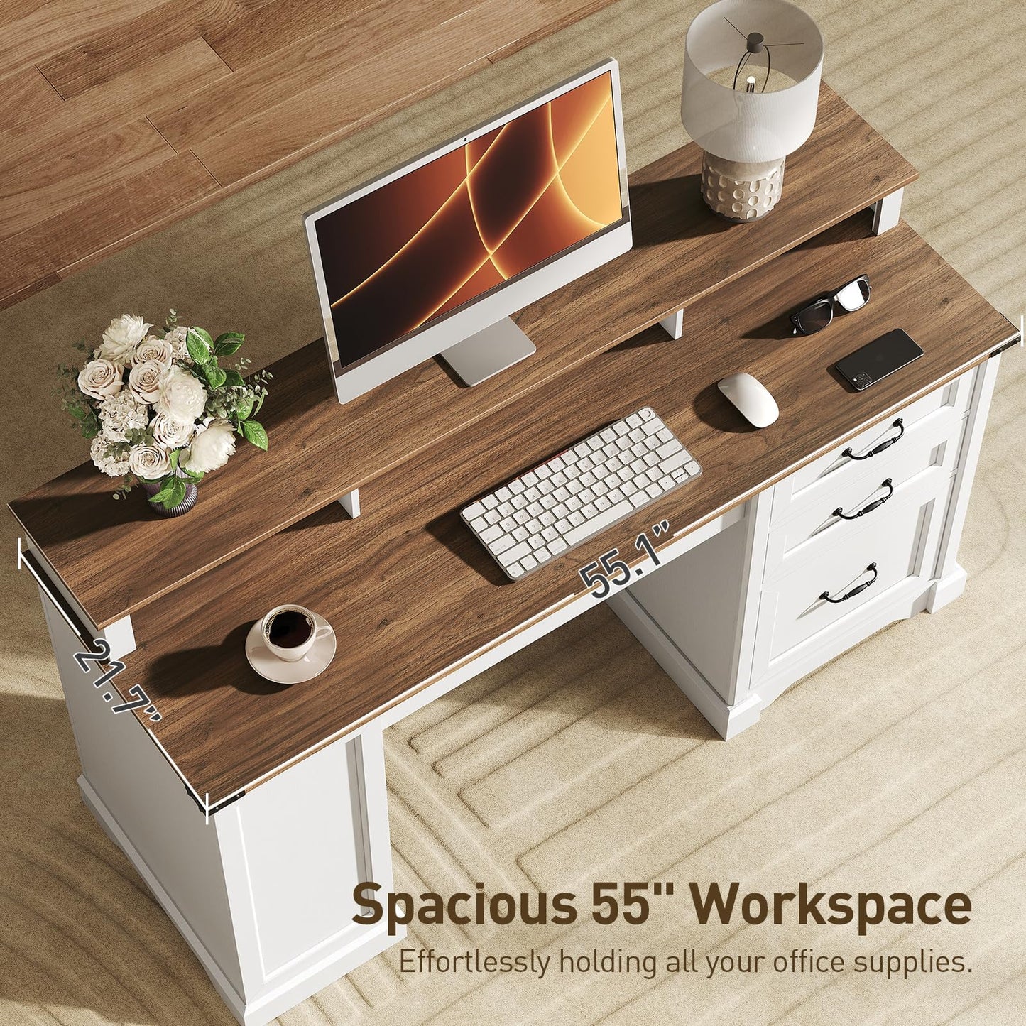 RALGEND 55'' Farmhouse Executive Desk with Drawers, Computer Desk with File Cabinet and Side Bookshelf, Writing Gaming Desk with Monitor Stand & Charging Station, White and Walnut