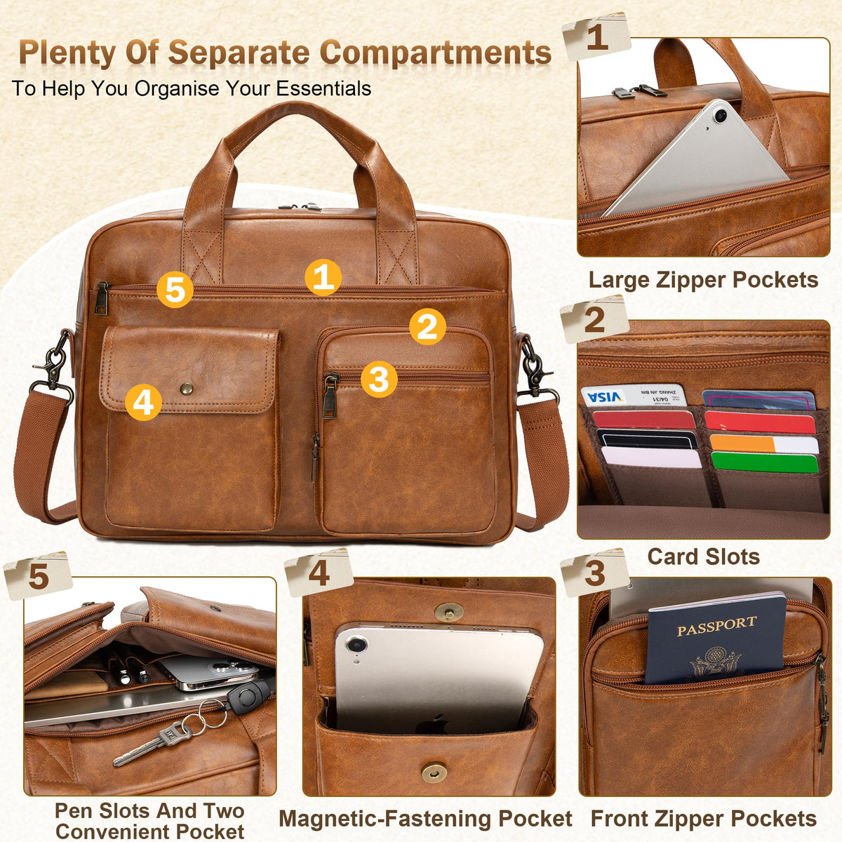 Yuni Sophy Briefcase for Men 15.6 Inch Laptop Messenger Bag Faux Leather Multi-Pocket Business Work Bag Waterproof Office Travel (Brown)