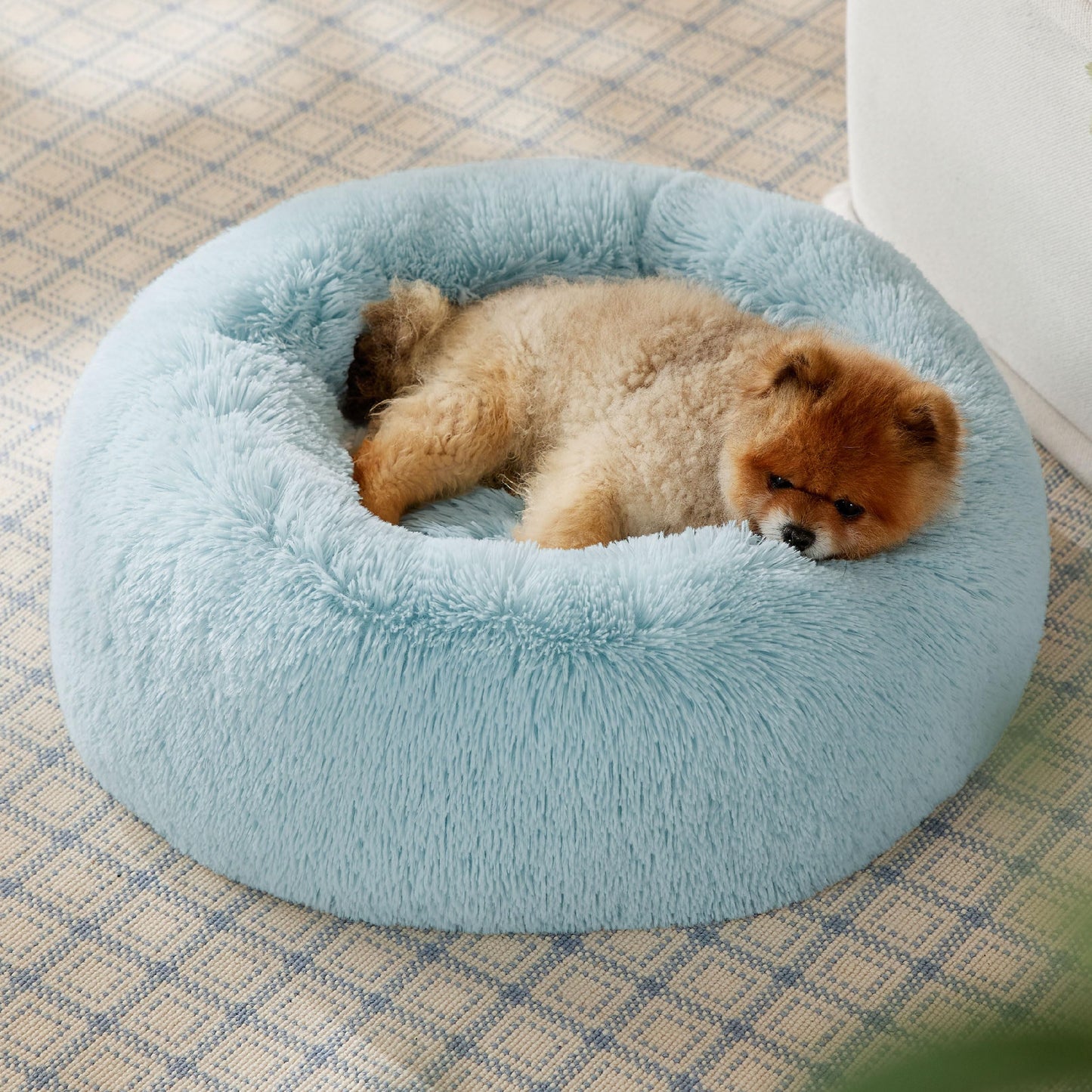 Bedsure Calming Dog Bed for Small Dogs - Donut Washable Small Pet Bed, 23 inches Anti-Slip Round Fluffy Plush Faux Fur Large Cat Bed, Fits up to 25 lbs Pets, Aqua Blue