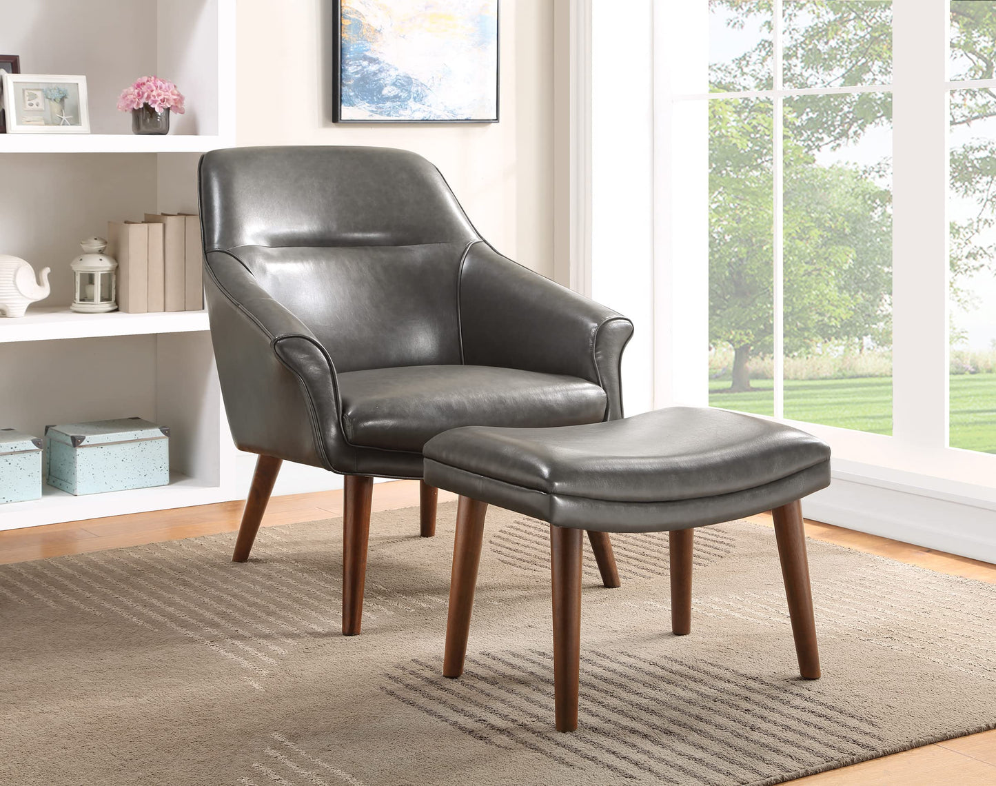 OSP Home Furnishings Waneta High Back Chair and Ottoman with Medium Espresso Legs, Pewter Faux Leather