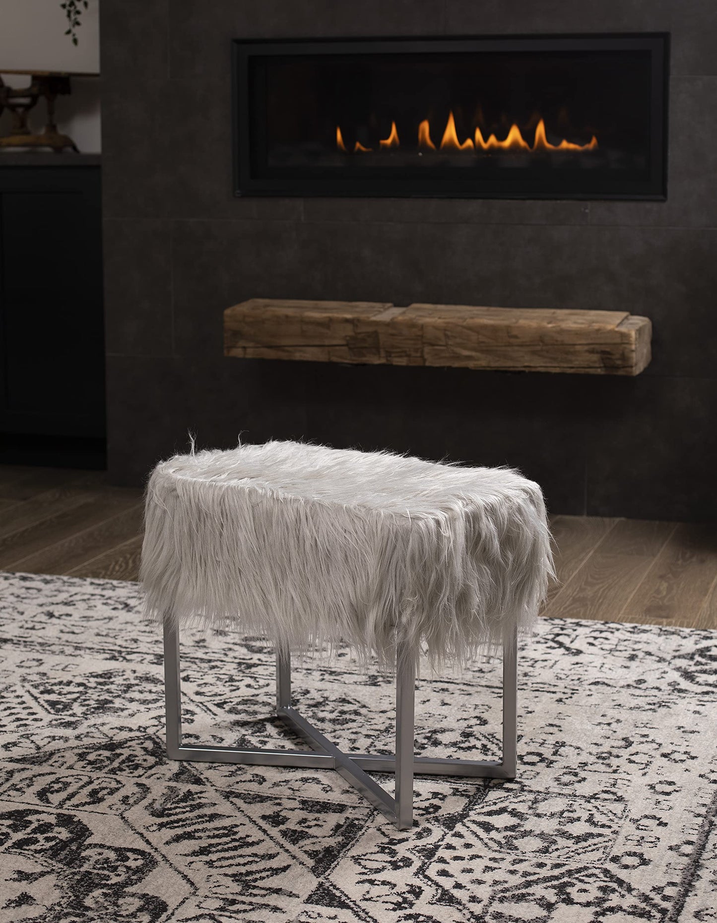 BIRDROCK HOME Rectangular Faux Fur Vanity Foot Stool Ottoman with Metal Legs - Small Soft Padded and Fluffy Makeup Seat or Foot Rest for Bedroom, Desk, or Dressing Table (Gray and Silver)