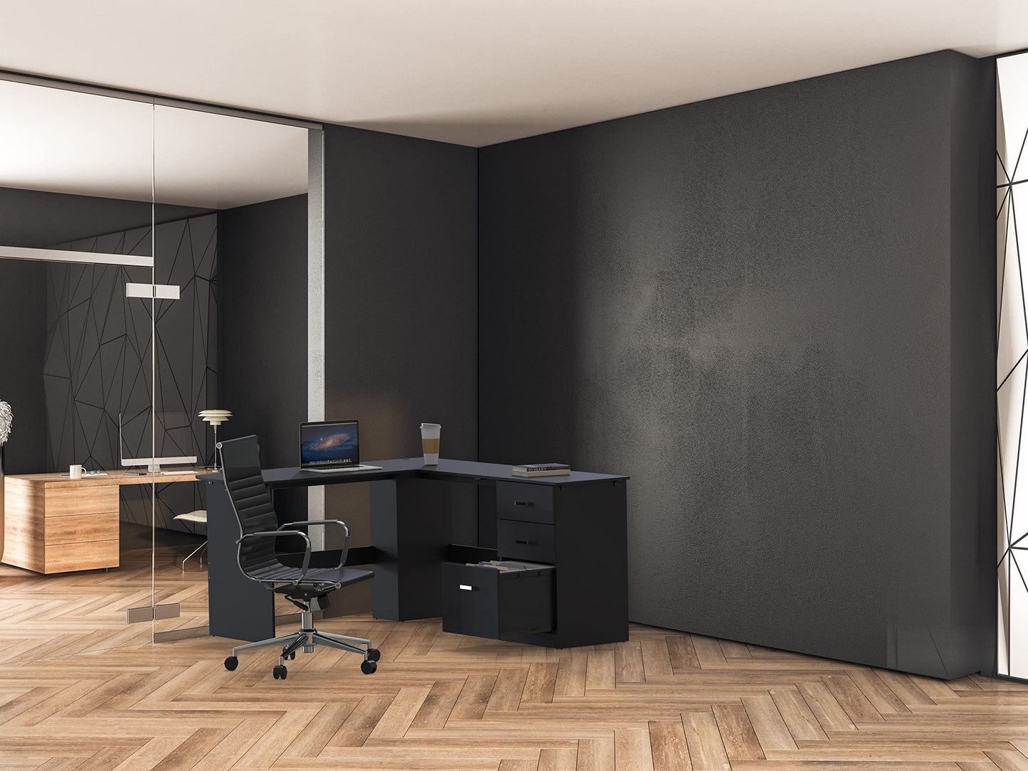 SHW 51 x 59 Inches L-Shaped Home Office Wood Corner Desk with Box Box File Drawers, Black