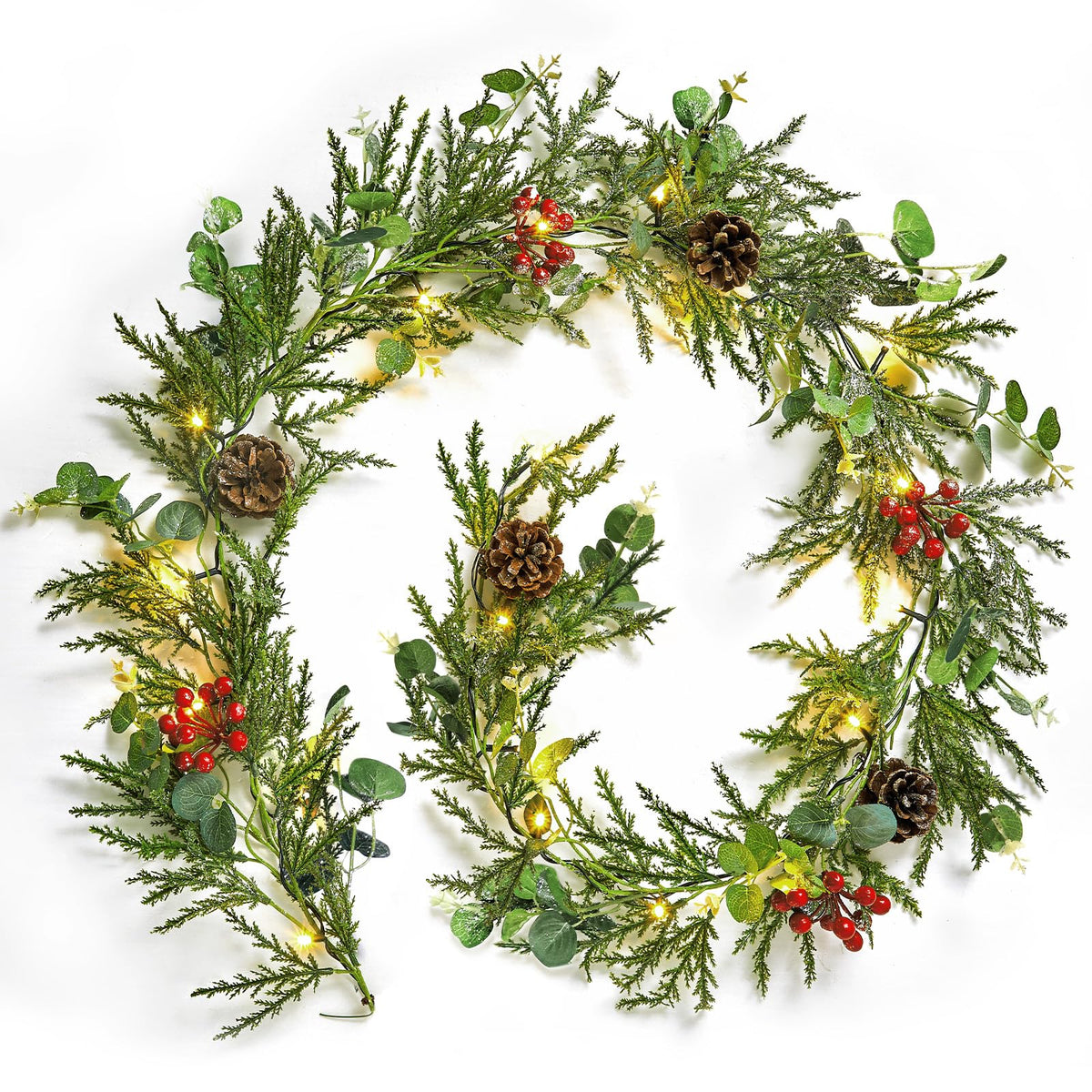 Brightown Pre-lit Christmas Garland with Lights, 6 Feet 20 LED Battery Operated Christmas Lights with Pine Cones, Berry, Eucalyptus Leaves, Indoor Christmas Decorations for Stairs, Fireplace, Door
