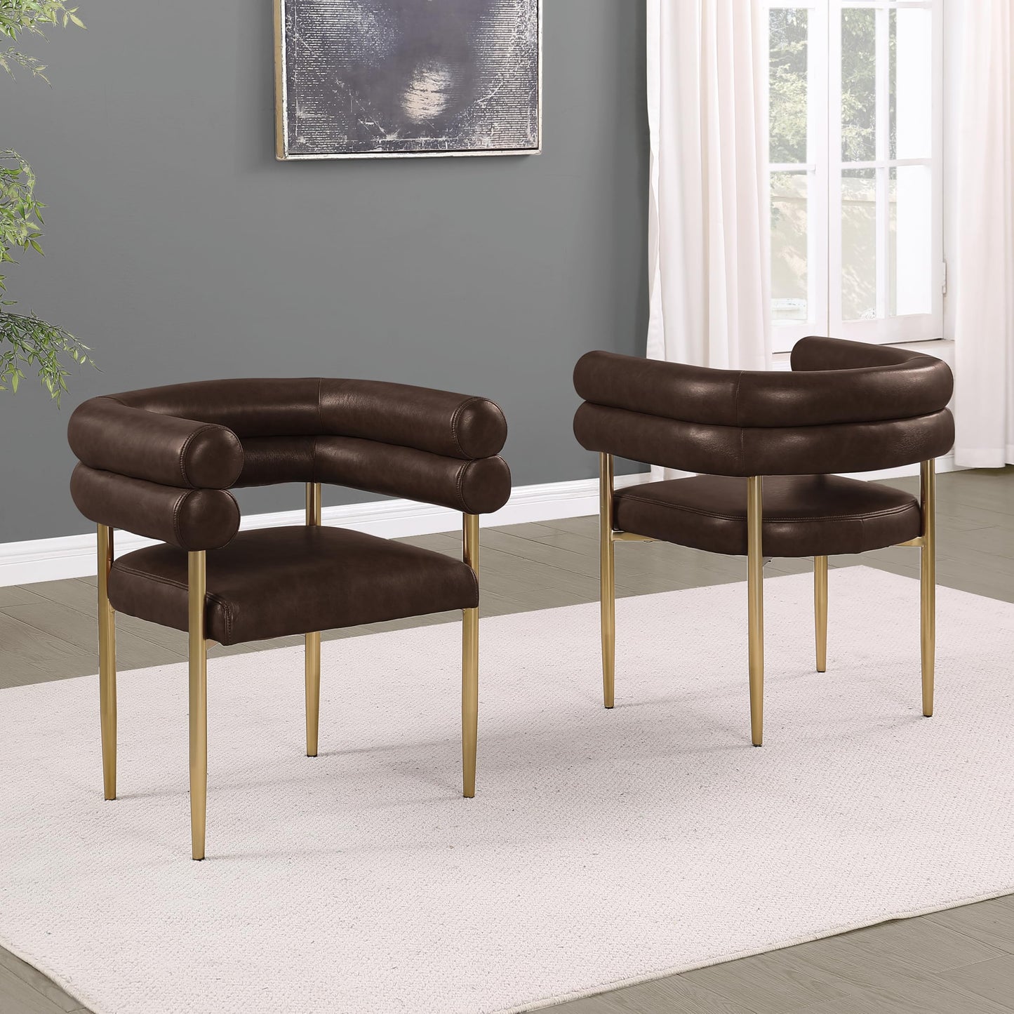 Modern Double Bolster Dining Chairs Set of 2, Leath-Aire Upholstered Tub Chairs with Gold Base, Mid-Century Accent Chairs for Dining Room, Living Room, & Office (Espresso/Gold)