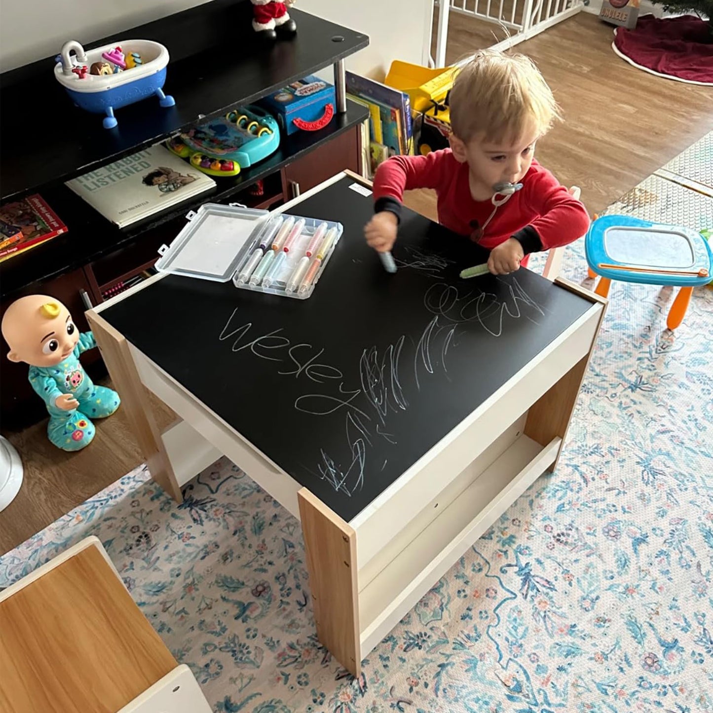 Asweets Kids Table and Chair Set,4 in 1 Toddler Desk with Storage Drawer,Wooden Activity Table for 2 in 1 Detachable Tabletop,Bookshelf,Suitable for Classroom,Home,Nursery,Playroom (Natural White)