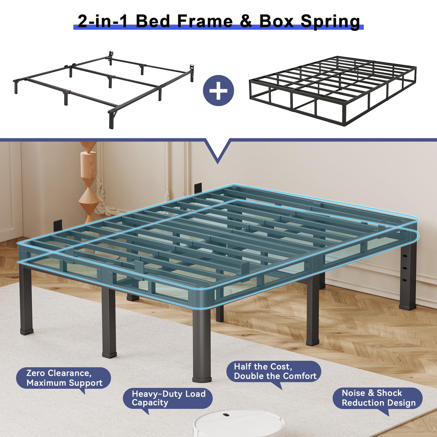 Anyroom Bed Frame Queen Size 24 Inch Tall, Double Layer Heavy Duty Metal Platform 4000 lbs Capacity, Bed Frames with Headboard Holes，Round Corner Legs, Mattress Slide Stopper, Easy Assembly