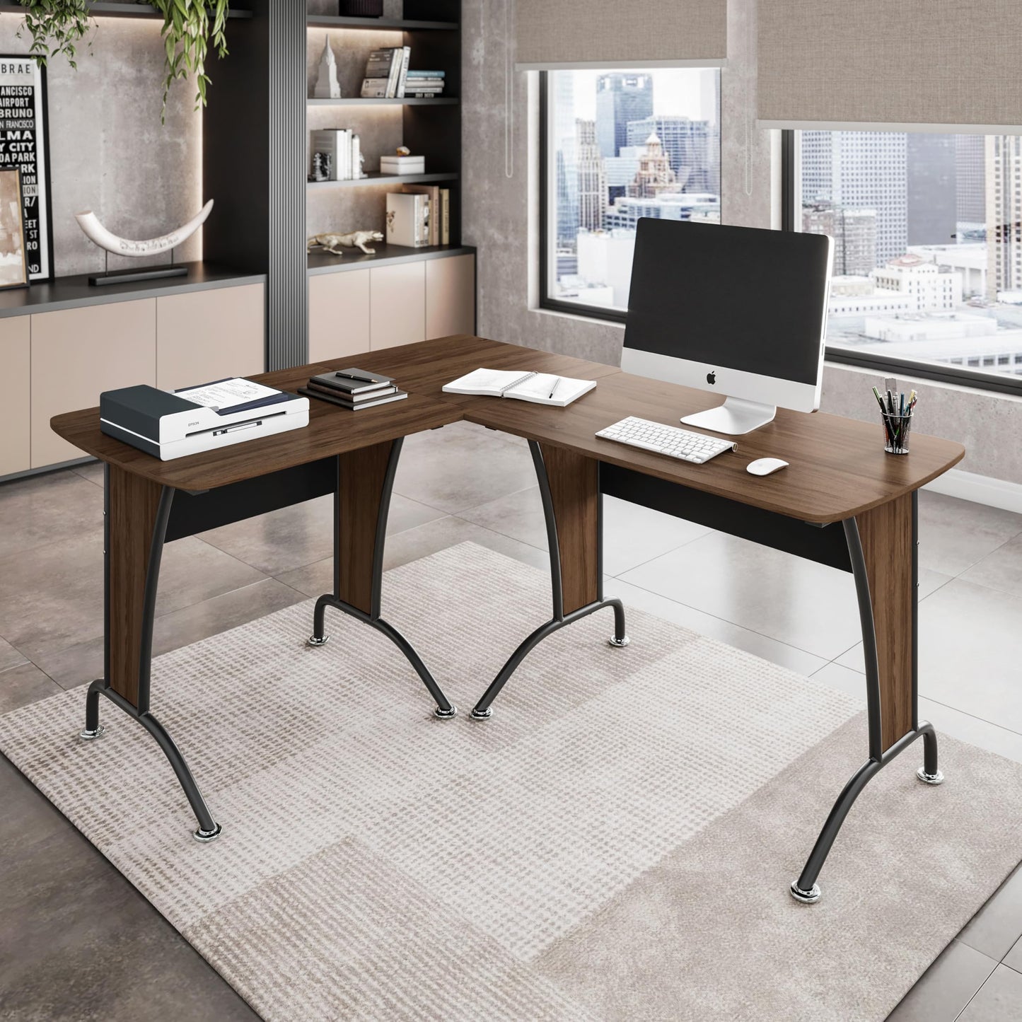 Deluxe L Shaped Desk, Corner Desk Configurable as Left/Right-Handed L-Desk or Inline Desk, Durable Steel Frame with Spacious Work Area, Walnut and Grey