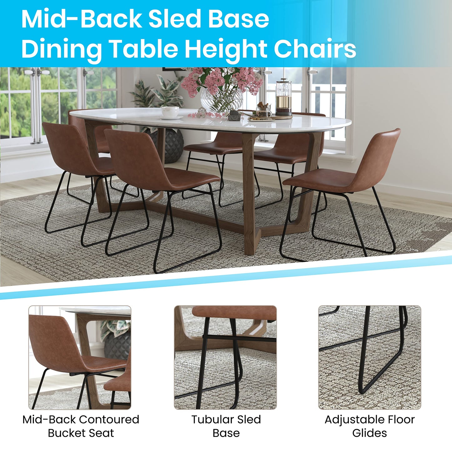 Flash Furniture Butler 18" LeatherSoft Dining Table Height Chairs, Mid-Century Modern Bucket Style Dining Chairs, Set of 2, Light Brown/Black