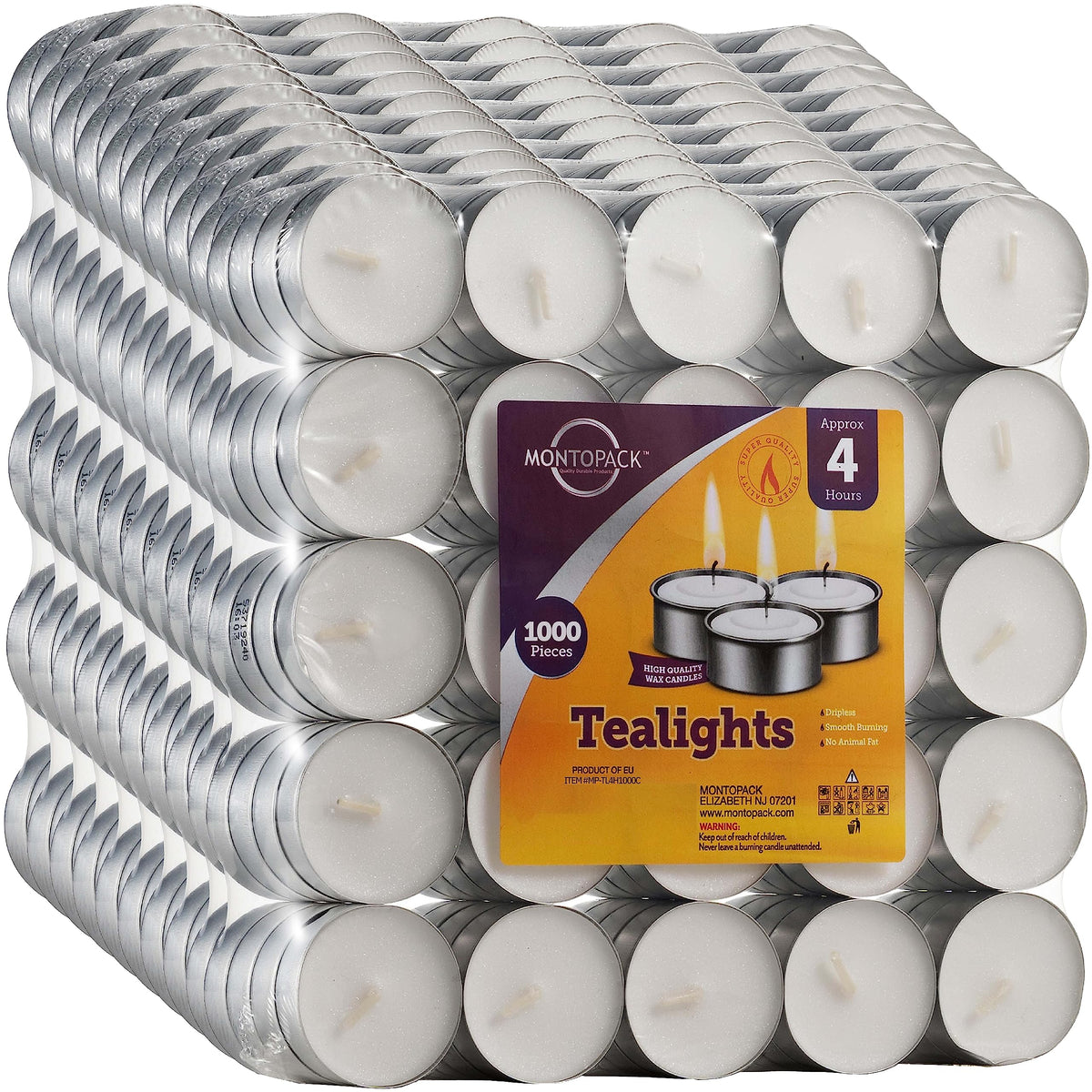 MontoPack Unscented Tea Light Candles Bulk 1000 Pack | 4 Hours, White,Smokeless,Dripless Small Votive Paraffin Tealights | Long-Lasting for Home, Shabbat, Weddings, Events, Emergencies | Mini Candles