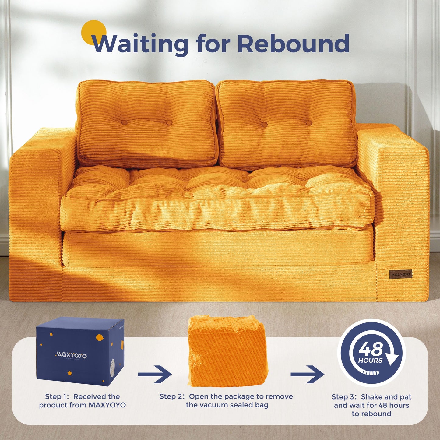 MAXYOYO Convertible Sofa Bed, Pull Out Loveseat Sofa Couch, 2 in 1 Folding Couch Bed, Fold Out Floor Couch with Pillows for Living Room Bedroom Lounge, Orange