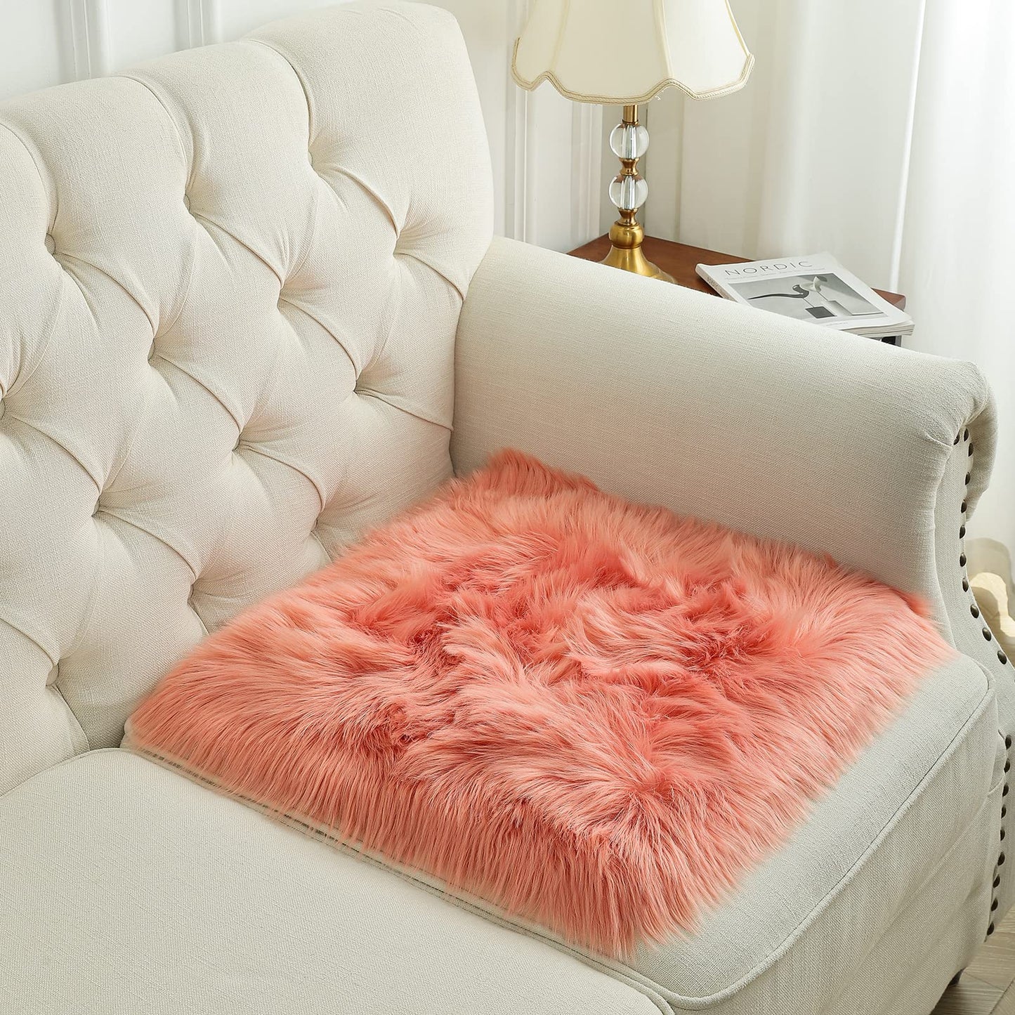 Softlife Square Faux Fur Sheepskin Chair Cover Seat Cushion Pad Super Soft Area Rugs for Living Bedroom Sofa (1.6ft x 1.6ft, Coral) 1 pack