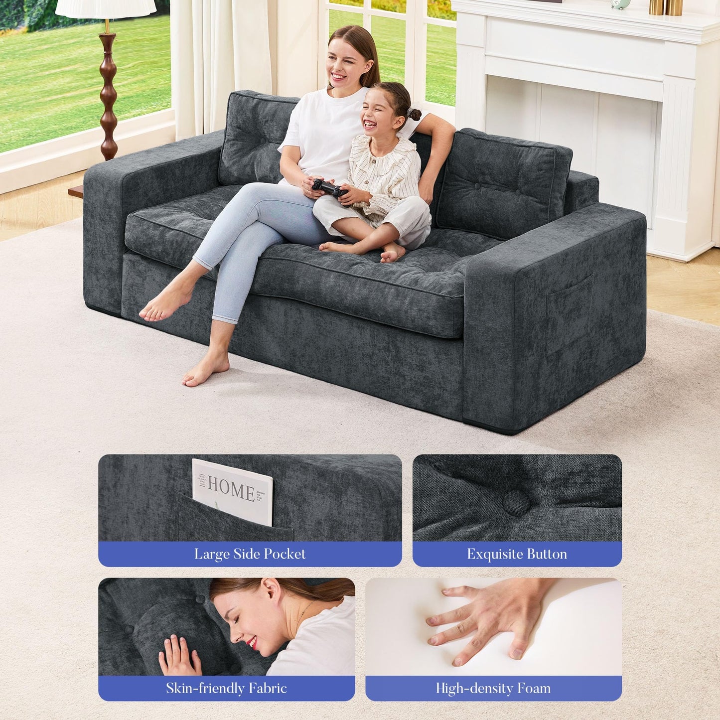 Hobestluk 3-Seater Sofa Boneless Couch with Tufted Button Design 2 in 1 Comfy Cloud Couch Oversized Sofa for Living Room Bedroom Apartment or Office