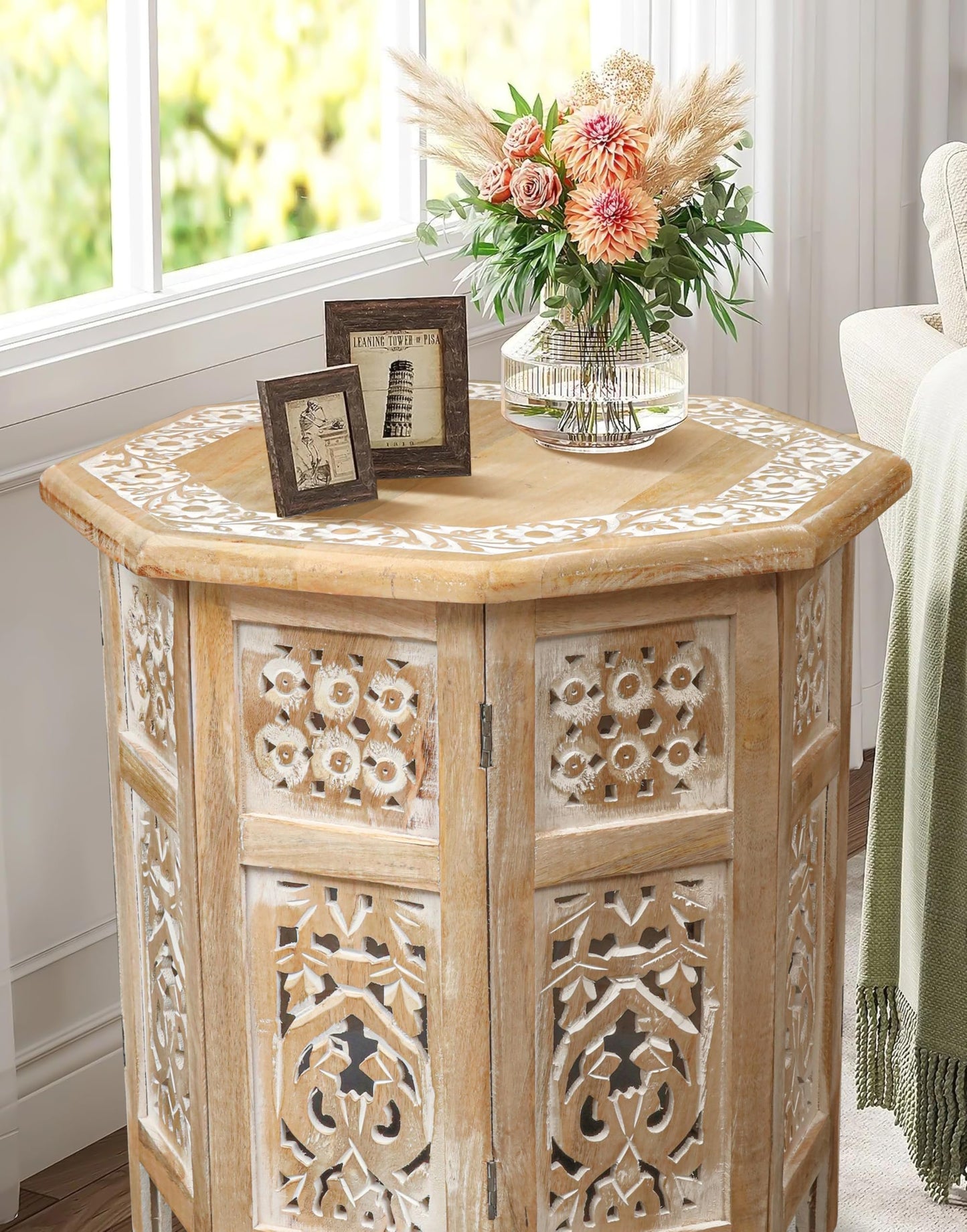 The Wooden Town Side Tables– Hand Carved Vintage Boho Folding End Tables for Living Room, Entryway, Living Room, Bedroom – No Tools Assembly, 18"x18" Octagon, White wash Finish