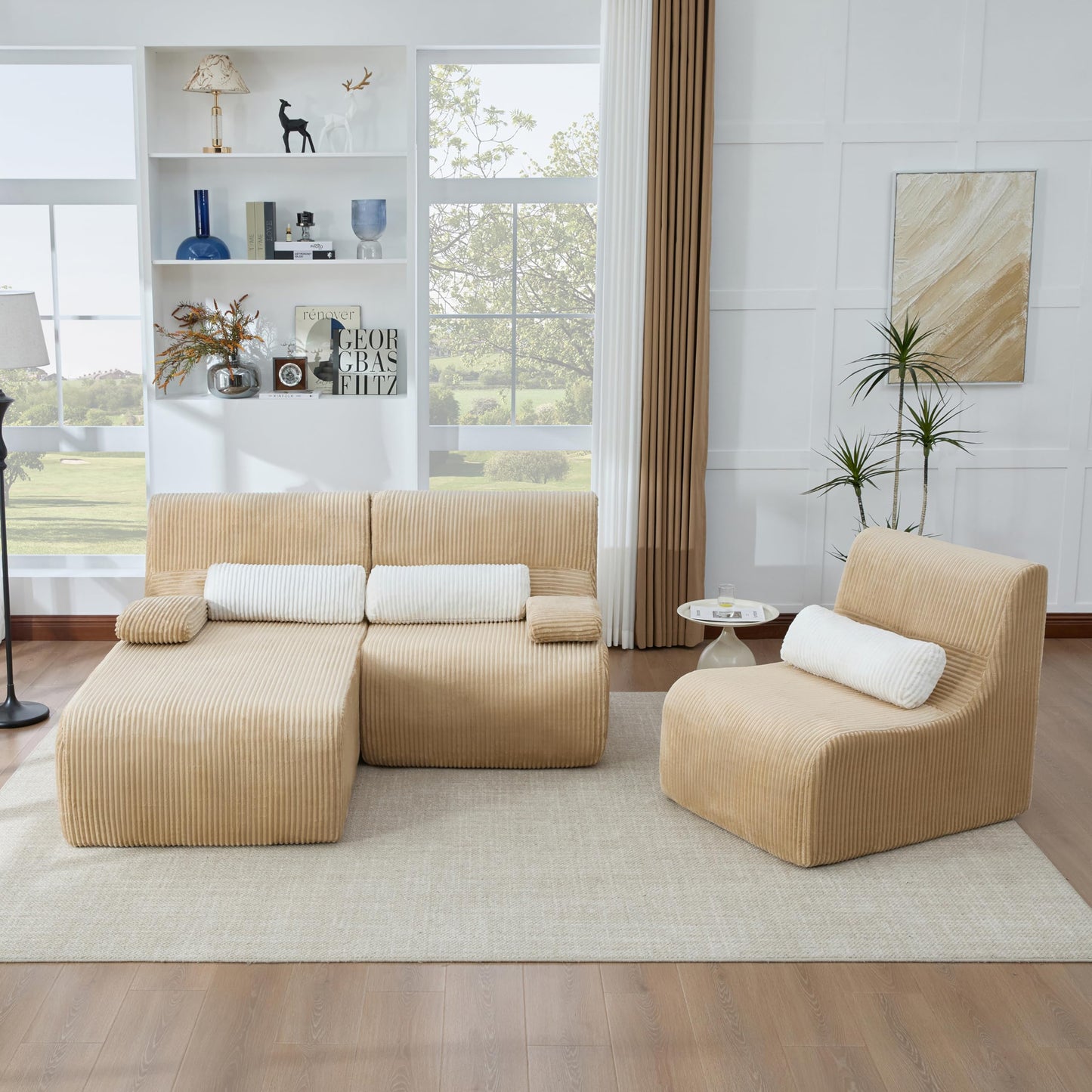 Merax Modern 98 Inch L-Shaped Convertible Sofa with Chaise and Pillows, Boneless 3-Seat Sectional Sofa Couch with Ergonomic Curved Seat & Backrest, Couch Set for Living Room, Coffee