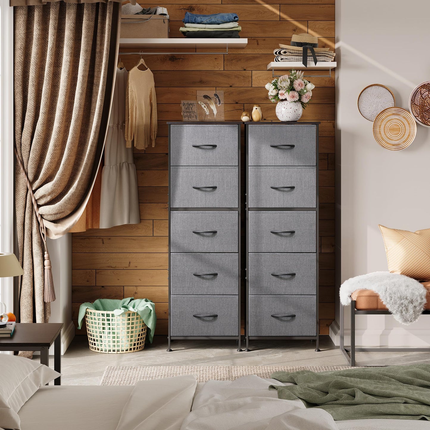 WLIVE Fabric Dresser, 5-Drawer Tall Dressers for Bedroom, Storage Dresser Organizer with Fabric Bins, Wood Top, Sturdy Steel Frame, Chest of Drawers for Closet, Hallway, Dark Grey