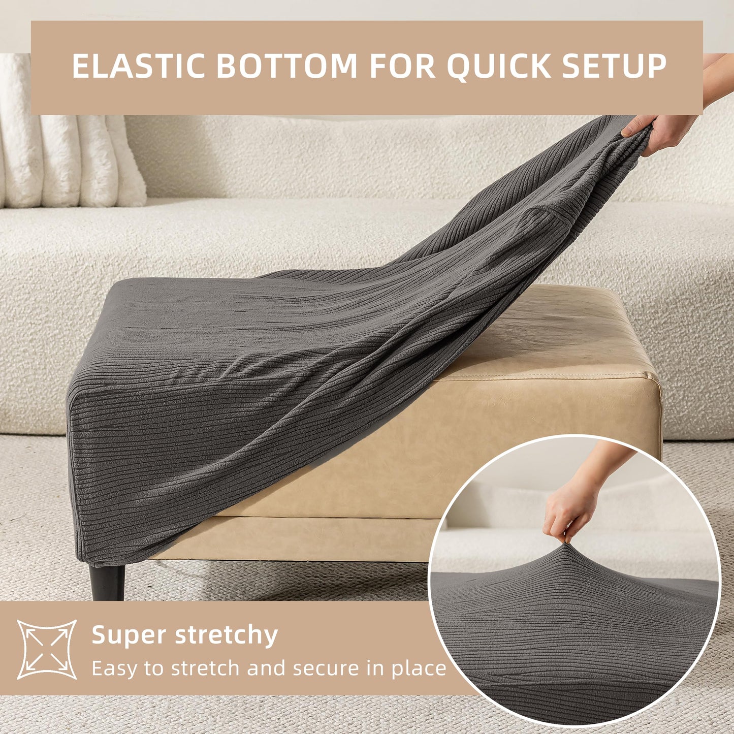 KaviKon Ottoman Cover Slipcover Rectangle Fit Length 25"-30" Stretch Foot Stool Slip Cover, Footrest Slipcovers Protector with Elastic Band, Ottoman Cover Removable Washable(Small,Slanted Rib Grey)