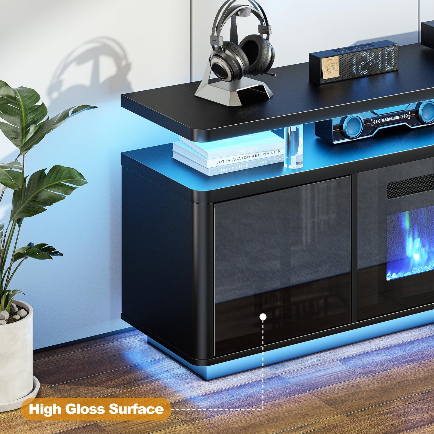 OneBlis 70" Fireplace TV Stand with Double LED Lights for TVs UP to 80", Electric Fireplace Entertainment Center with Storage Cabinets, TV Console for Living Room, Office, Black1