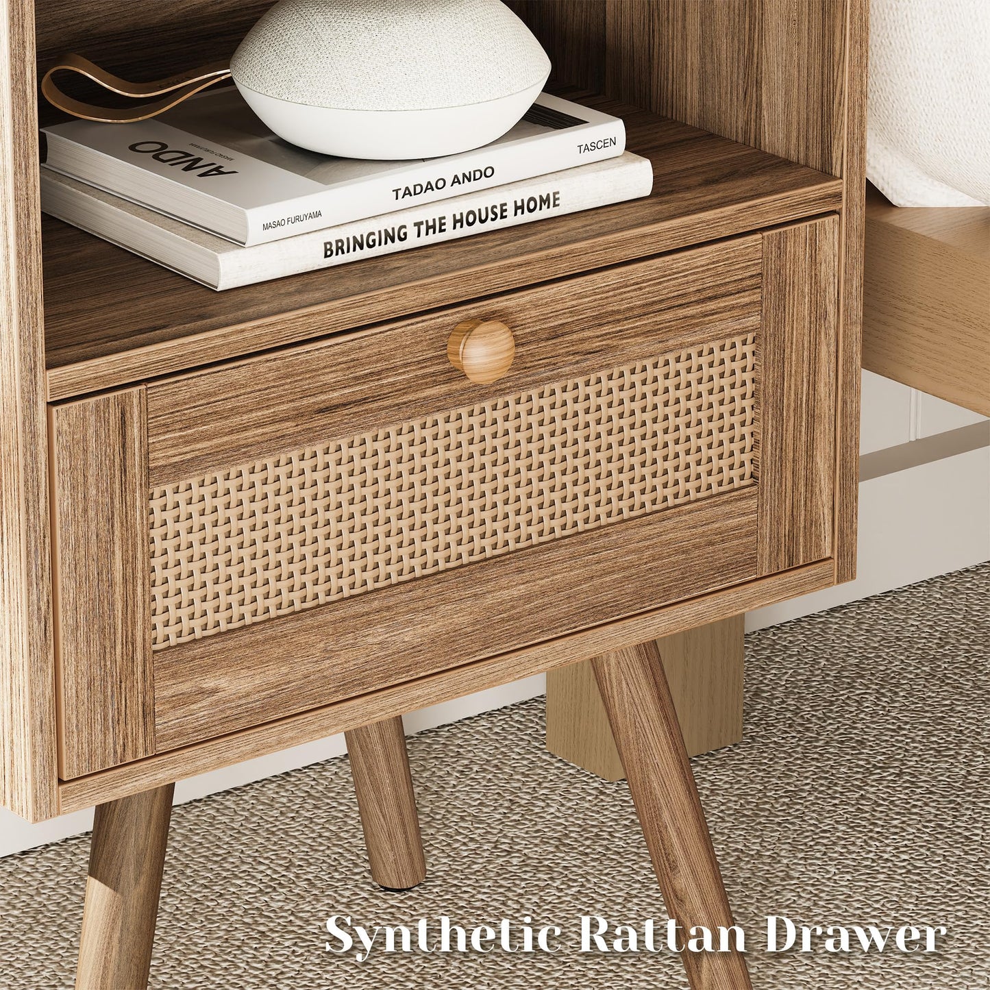 SUPERJARE Nightstand with Charging Station & Rattan-Like Decor Drawer, Rattan End Table with Solid Wood Feet, Bed Side Table with Open Storage, for Bedroom, Living Room, Dormitory, Walnut