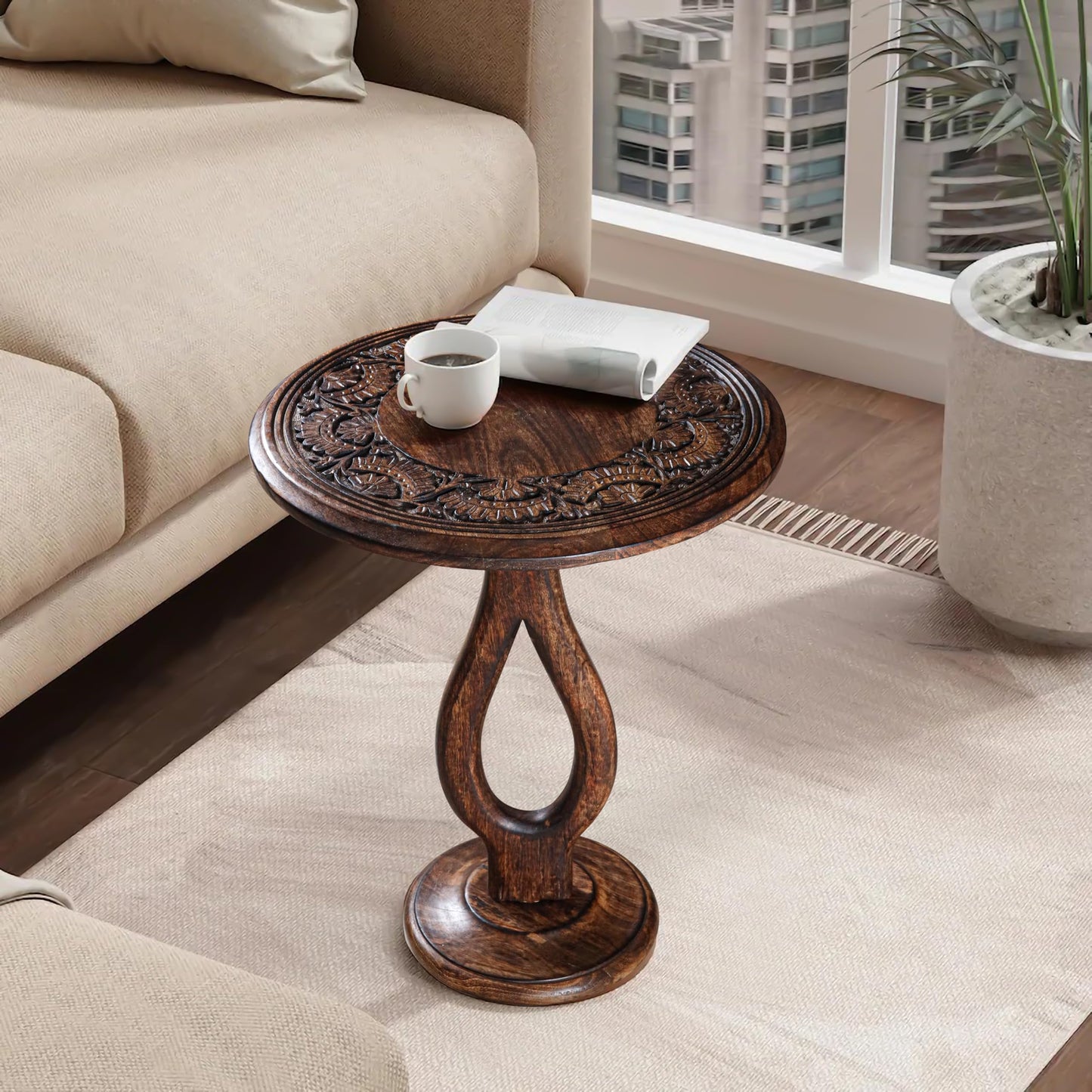 Side Tables Round – Small Drink Table for Small Spaces, Modern Accent Nightstand with Hand-Carved Top & Solid Wood Tables for Living Room, Bedroom, Office – Burnt Finish_18x22 Pride Styles