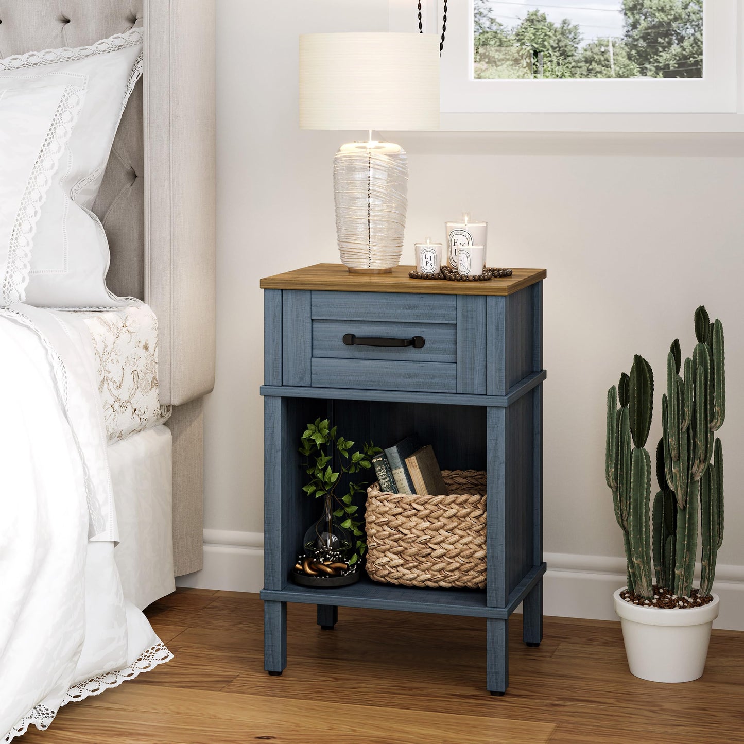 YAUKTAK Small Farmhouse Nightstand, Wood Night Stand Set, End Table with Drawer, Small Rustic Wooden Bedside Table, Bed Side Table for Bedroom, Blue end Table with Storage for Bedroom LET512LR