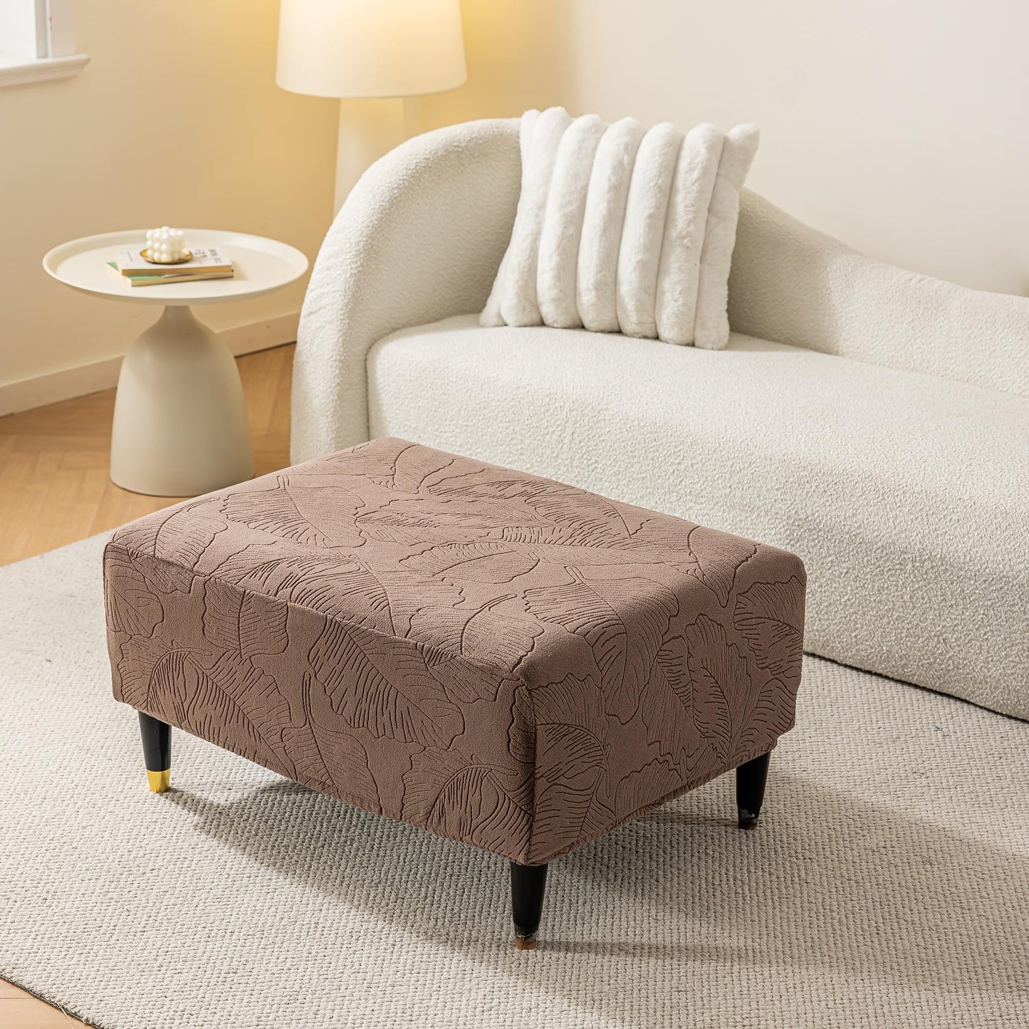 KaviKon Ottoman Cover Square/Rectangle Fit Length 35"-45" Stretch Foot Stool Slip Cover, Footrest Slipcovers Protector with Elastic, Ottoman Cover Removable Washable((Medium-XL,Leaf Coffee)