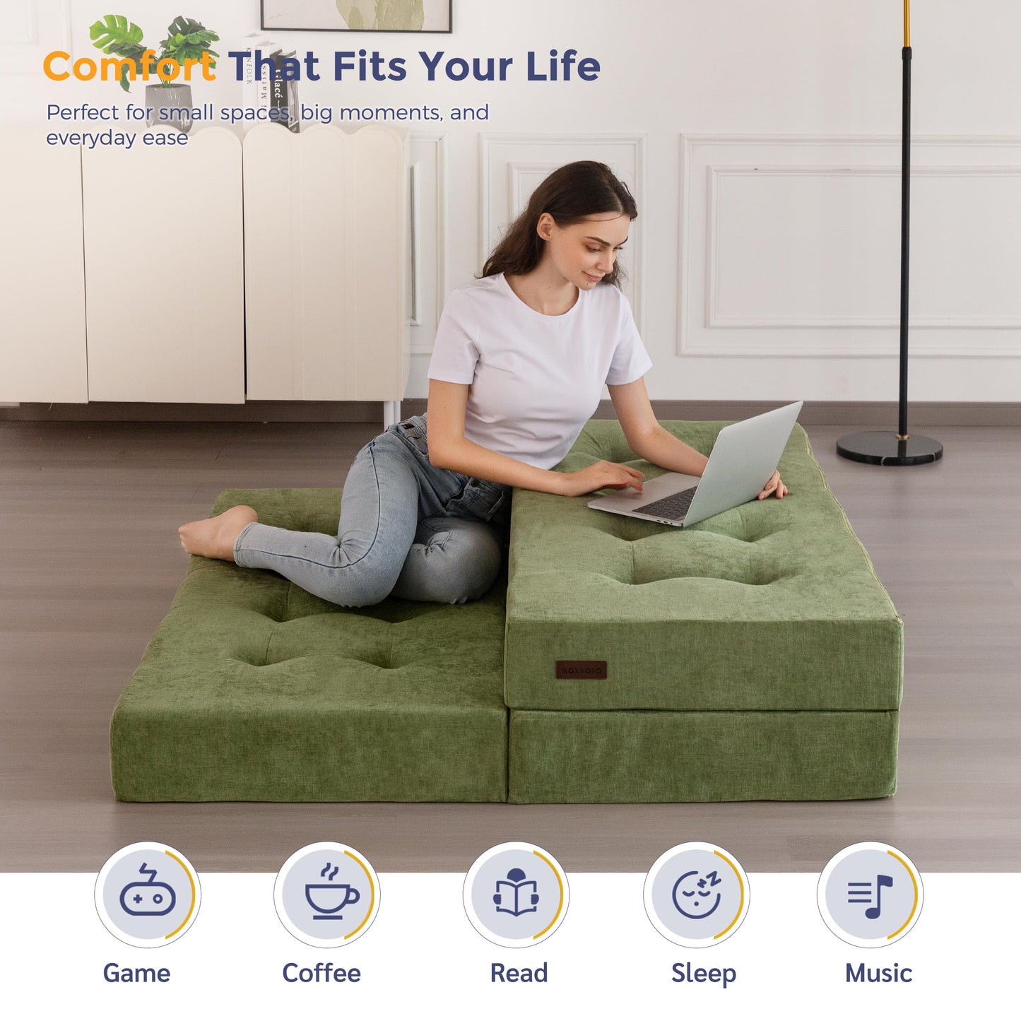 MAXYOYO 6" Folding Sofa Bed for Floor, Tufted Tri-Fold Floor Mattress with Chenille Fabric, Queen Size Portable Sofa Couch Guest Mat for Adults, Foldable Topper for Camping, Green, 59"x78.7"
