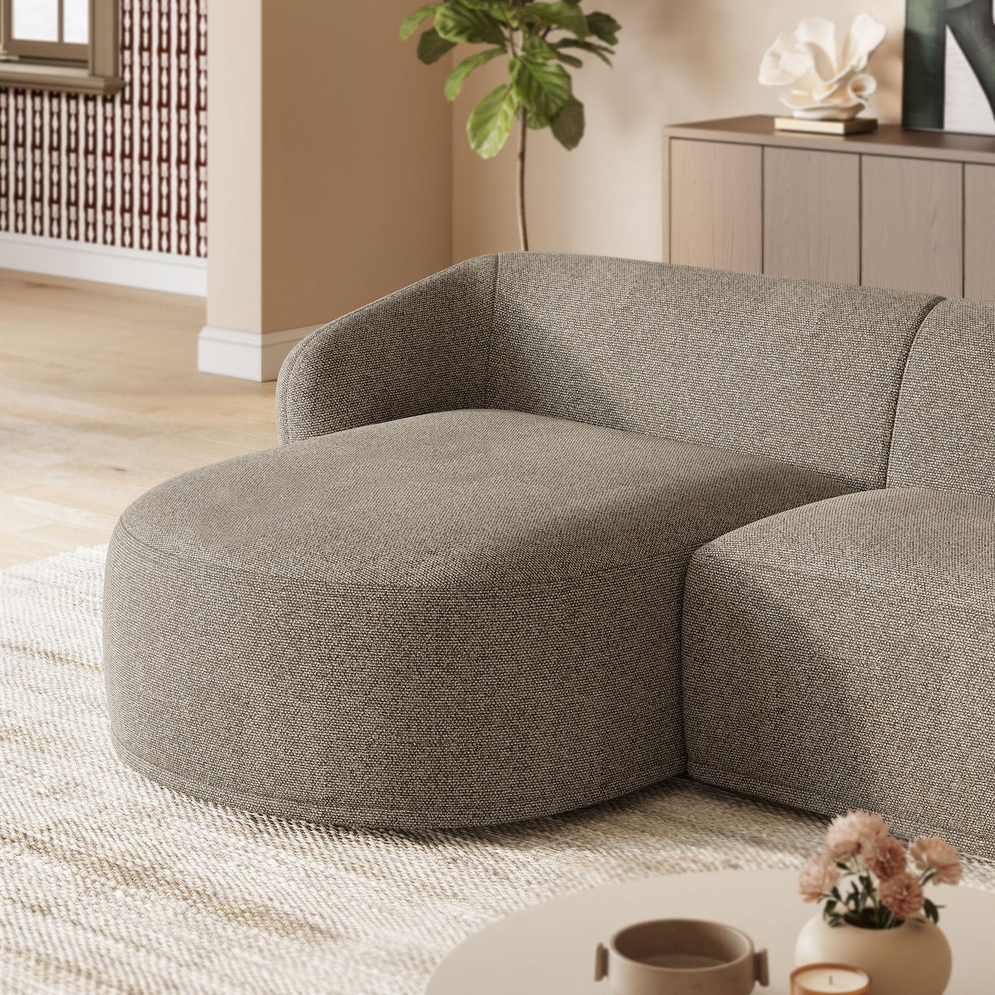 Modway Monica Left Facing Sectional with Chaise in Earth – Comfortable Low Profile 2-Piece Boucle Fabric Modular Sofa for Living Room, Bedroom, Or Apartment
