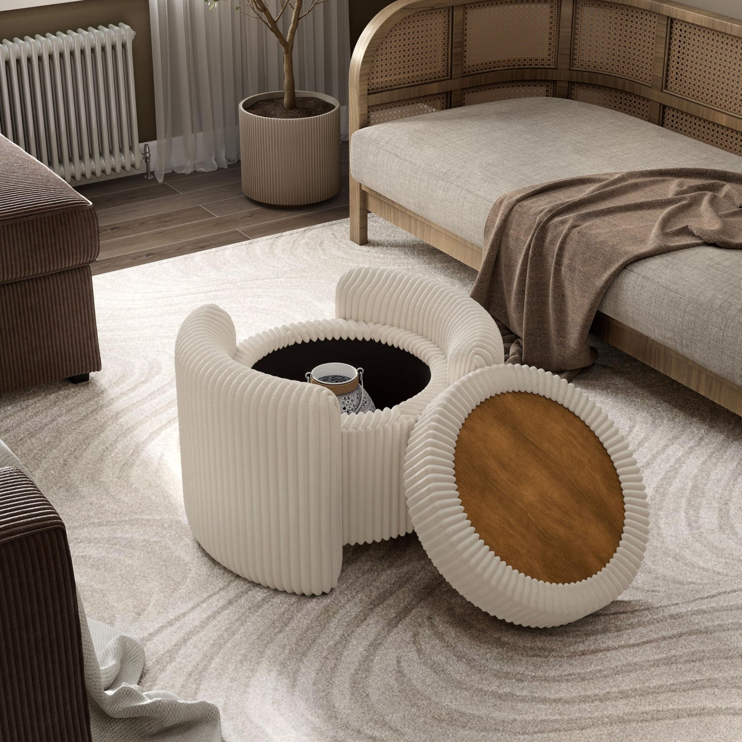 Furniture of America Lennox Modern Chenille 25-inch Round Storage Ottoman with Reversible Flip Top, Upholstered Footstool for Living Room, Bedroom, Entryway, Beige Pink