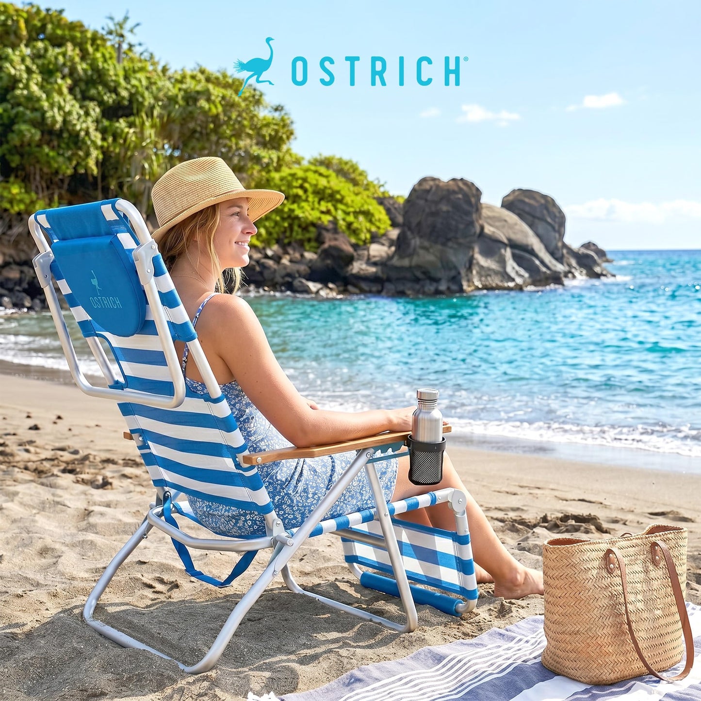 Ostrich the Original 3N1 Lightweight Beach Reclining Lounge Chair with Footrest, Outdoor Furniture for Patio, Balcony, Backyard, or Porch, Blue Stripe