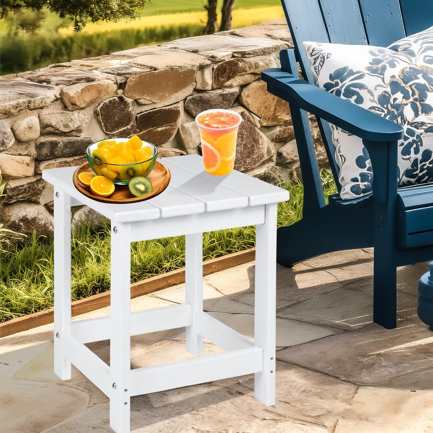 LZRS Square Patio Side Table, Heavy Duty HDPE Outdoor End Table with Wood Texture, Weatherproof Composite Table for Adirondack Chairs, Deck, Pool, Indoor/Outdoor, No Peeling or Cracking(White)