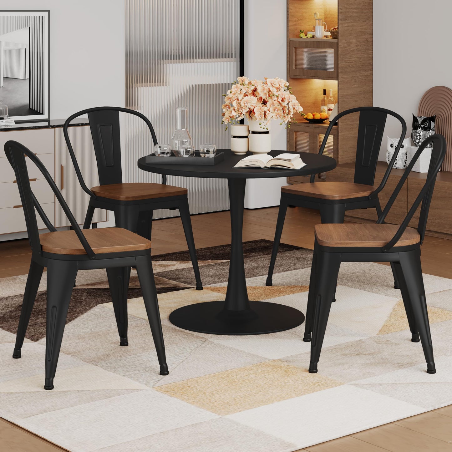 Alunaune 18inch Metal Dining Chair Set of 4 High Back Classic Chic Iron Farmhouse Chairs Industrial Stackable Coffee Stools Bistro Cafe Side Barstools Wood Seat-Black