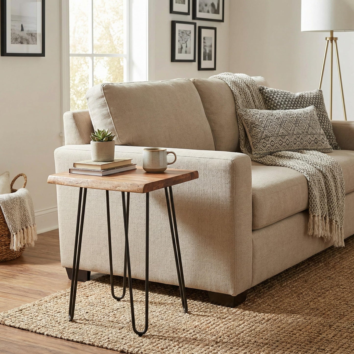 Alaterre Furniture Live Edge Wood End Table with Hairpin Metal Legs – Mid Century Modern Living Room Table with Acacia Wood Top (20 Inch)