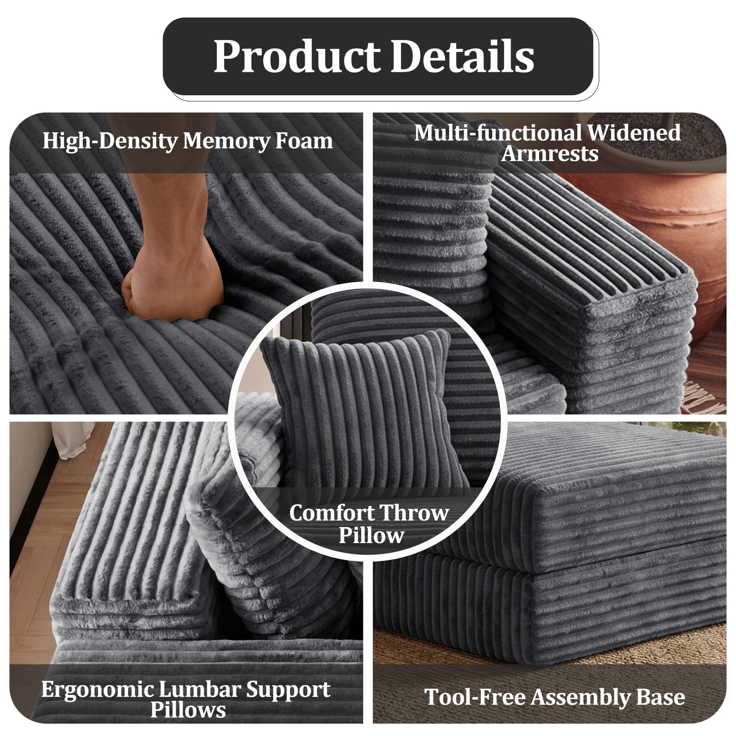 75'' L-Shaped Cloud Modular Sectional Couch with Chaise, Modern Corduroy Memory Foam Sofa Bed, Upholstered Boneless Deep Seat Fluffy Sleeper Sofa, for Living Room, No Assembly Needed (Dark Grey)