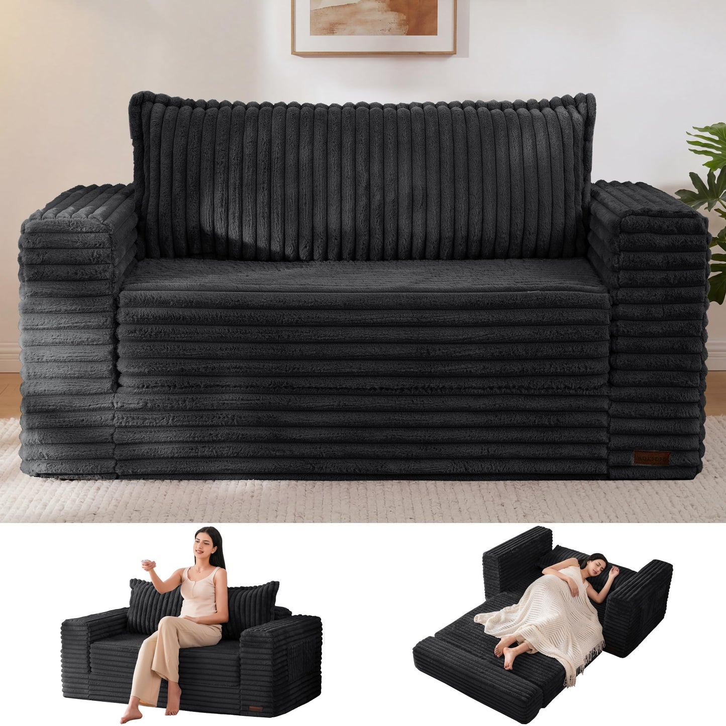 MAXYOYO Convertible Sofa Bed, 2 in 1 Folding Couch Bed for Small Space, Pull Out Loveseat Sofa Couch with Large Back Pillow, Plush Faux Fabric Lounge Couch for Living Room, Apartment, Black