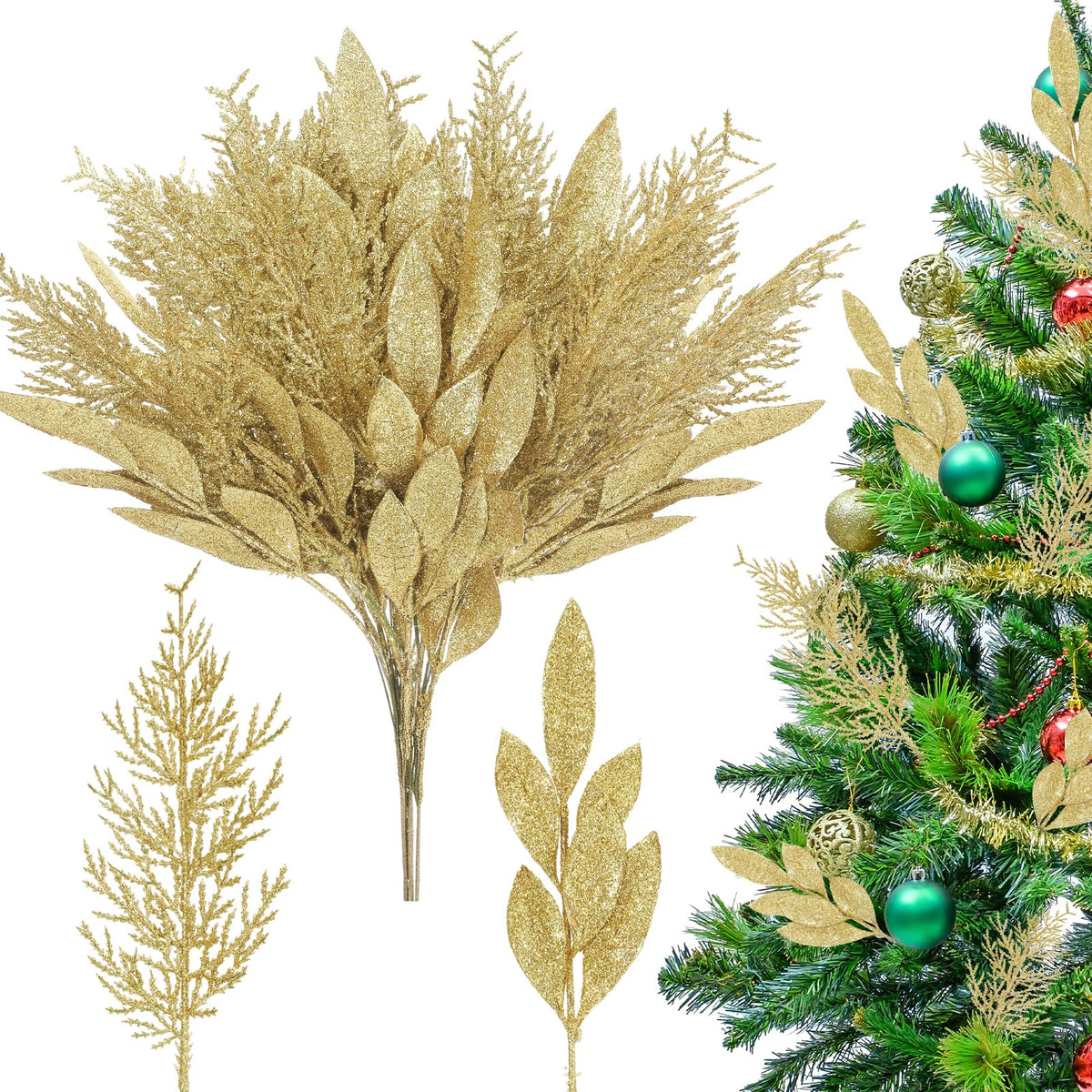 Hoteam 30pcs Gold Christmas Picks Glitter Bay Leaf Ornaments Velvet Gold Glittered Cedar Picks Faux Winter Floral Stems for Xmas Tree Wreaths Centerpieces Holiday Seasonal Wedding Decoration