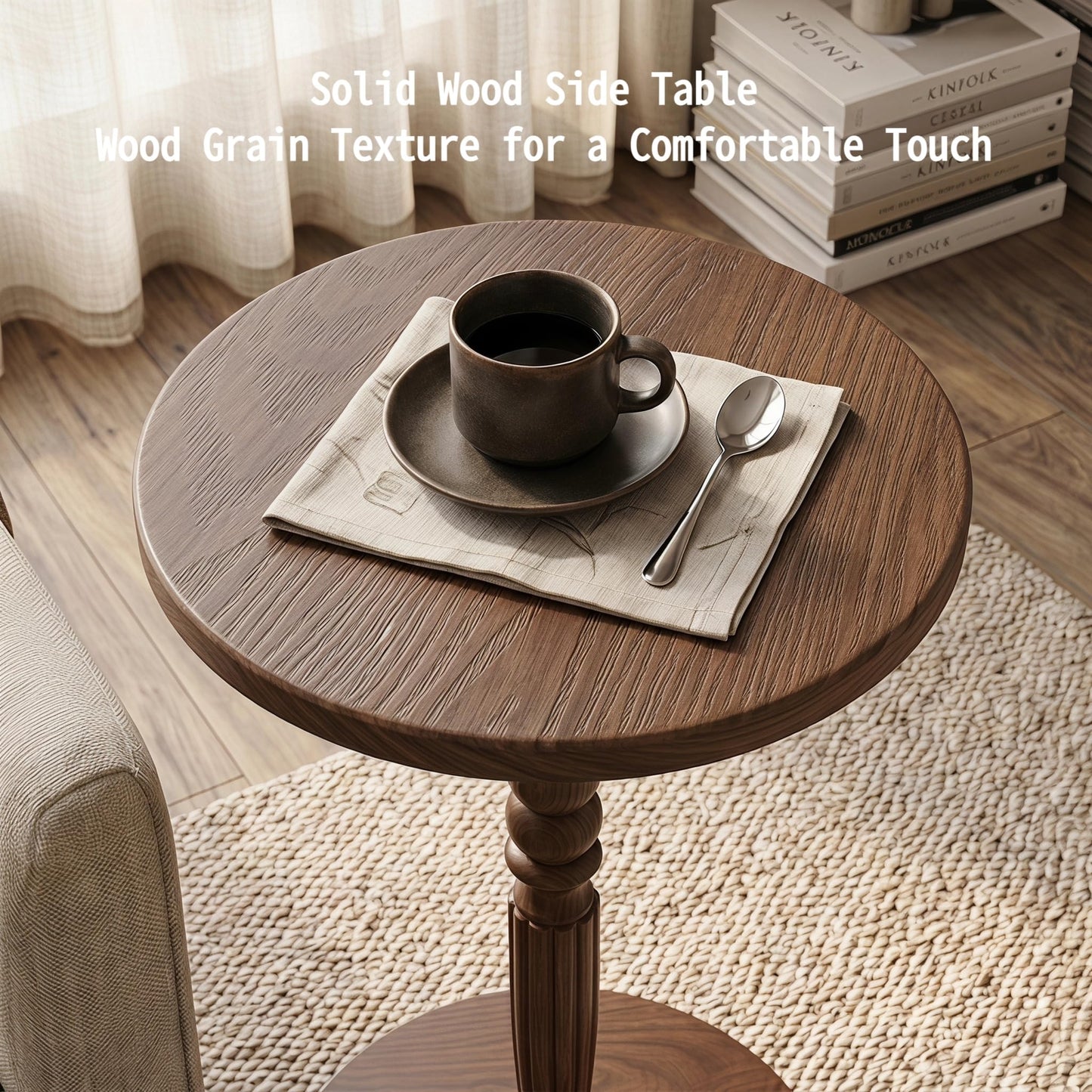 Huquczm Solid Pine Round Side Table, Vintage Carved Walnut Drink Table
