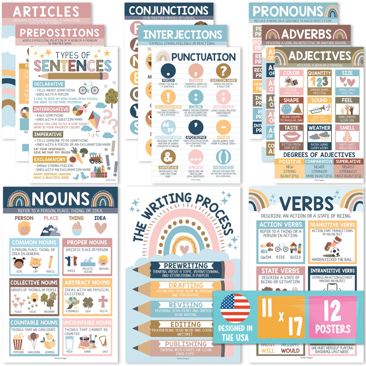 Parts of Speech Posters for Classroom Must Haves - 12 Grammar Posters, Writing Process for Homeschool, Elementary & Middle School, ELA 3rd 4th & 5th Grade Teacher Must Haves, Boho Classroom Decor