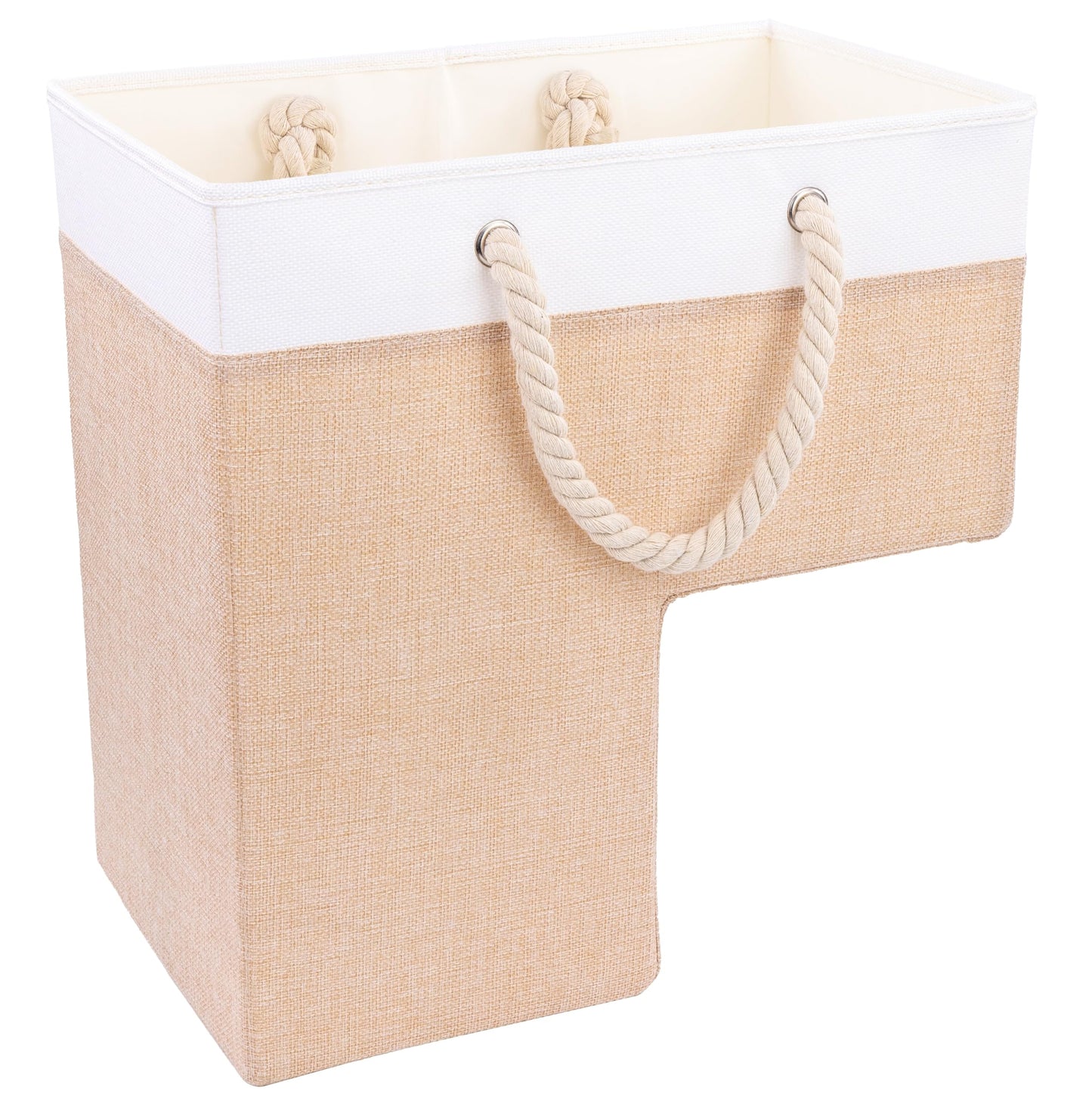 SAM AND MABEL Stair Baskets for Carpeted and Wooden Stairs – 16”L x 10”W x 16”H Foldable Staircase Basket with Handles, Stair Step Storage Organizer (Warm Beige and White)