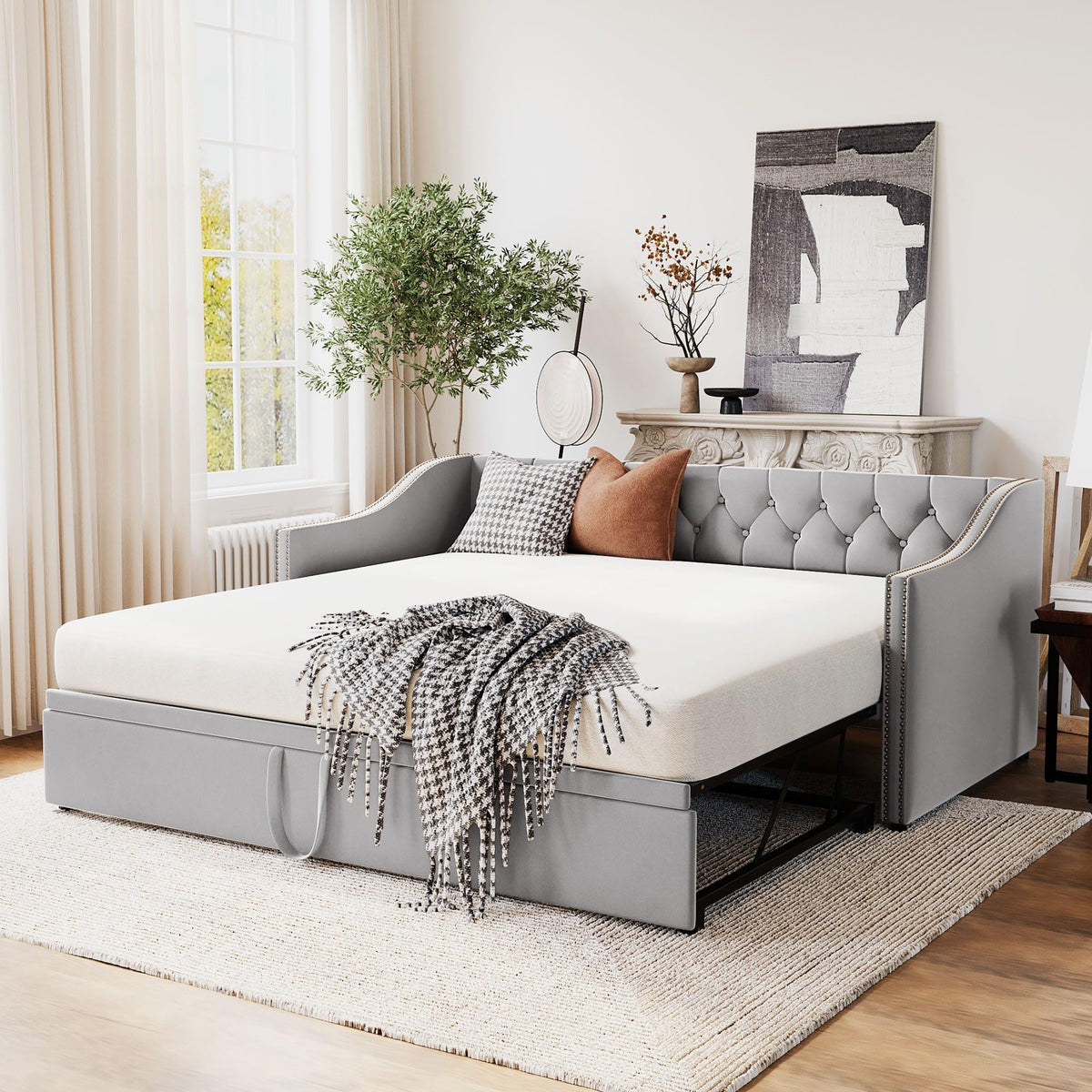Merax Twin Size Upholstered Velvet Daybed with Pop Up Trundle, Multi-Functional Sofa Bed with Backrest and Two Armrest for Guest, Living Room, Gray