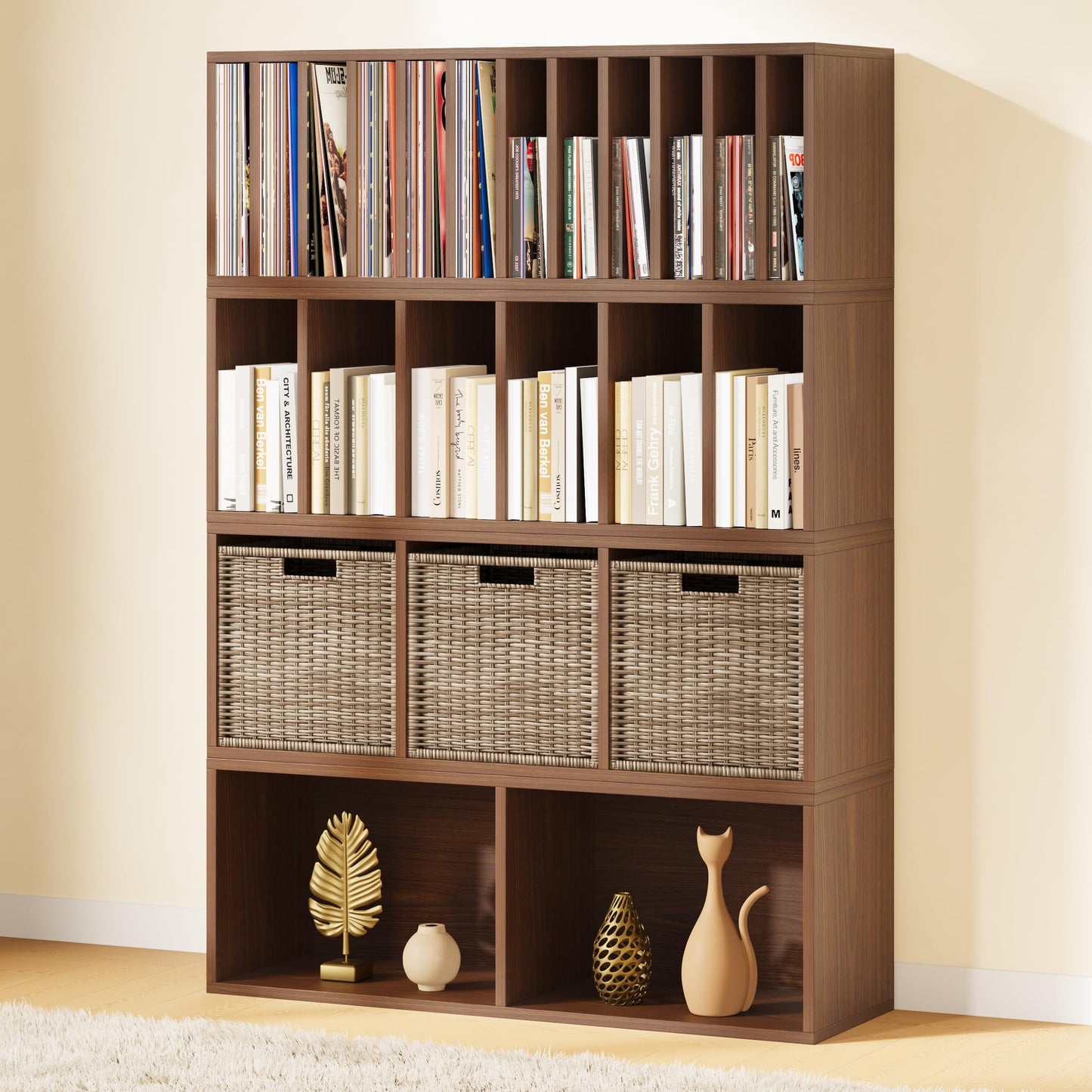 IOTXY DIY Modular Cube Bookcase - CubeXY Customizable Stackable Expandable Combination Set, 23-Cube Open Bookshelf for Books, Fabric Storage Bin, and 7/10-inch Vinyl Record Organizer, Walnut