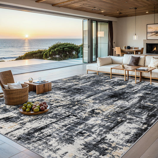 8x10 Area Rugs for Living Room - Washable Rug Modern Abstract Soft Large Neutral Non-Slip Carpet Indoor Floor Thin Carpets for Bedroom Dining Room Farmhouse Nursery Home Office Black Gold