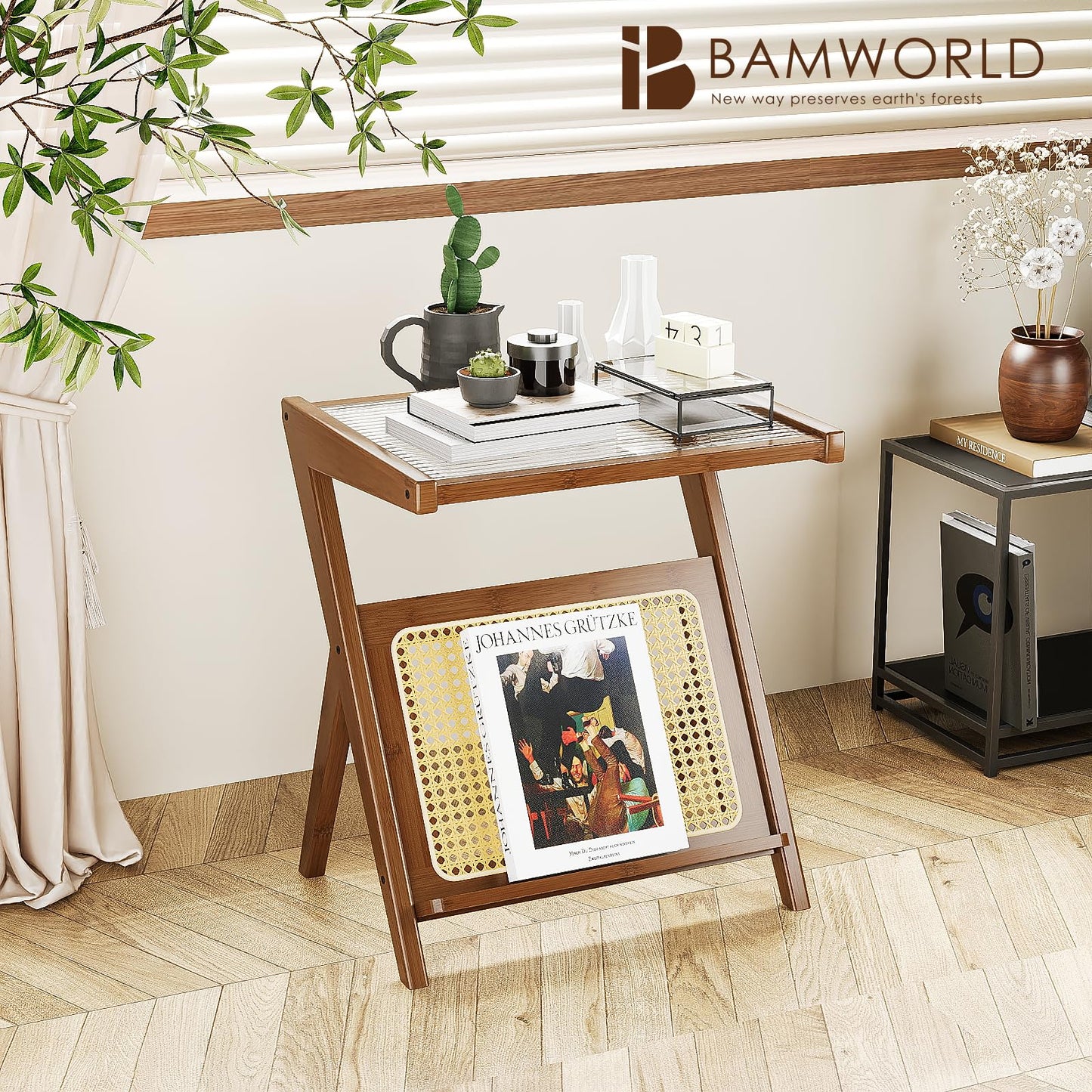 Bamworld Rattan Side Table Boho NightStand Mid Century Modern End Table Glass Bedside Table Small End Tables Bamboo Coffee Table with Storage Record Player Stand for Living Room Bedroom