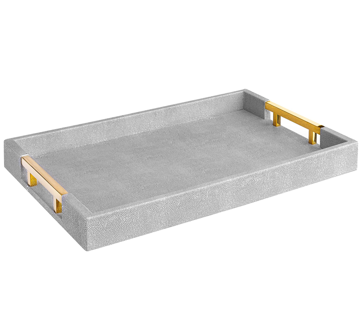 Home Redefined Modern Elegant 17.5"x12" Rectangle Glossy Grey Shagreen Faux Leather Decorative Tray Ottoman Coffee Table Perfume Kitchen Display Perfume Serving Tray with Gold Polished Metal Handles.